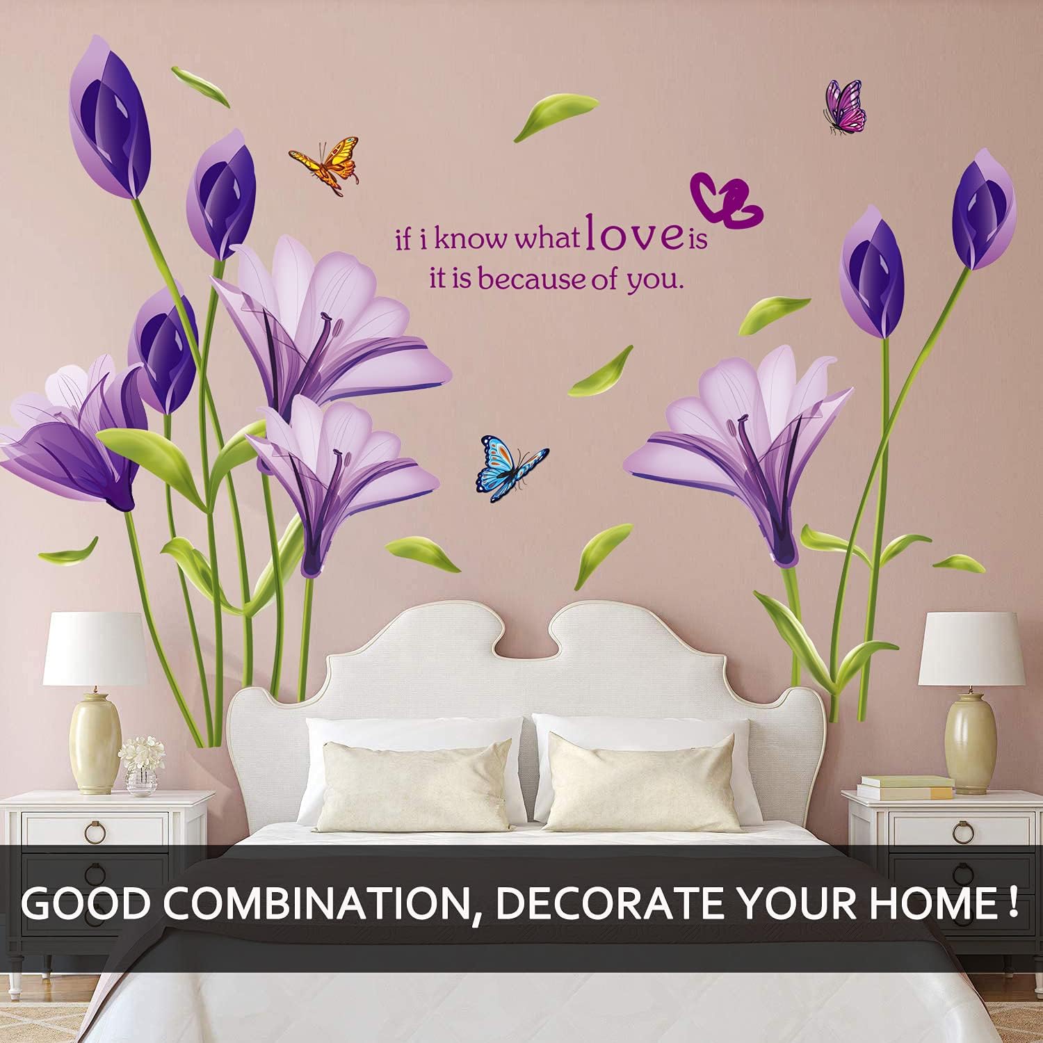 LiveGallery Beautiful Lovely Lily Flowers Wall Decals Removable DIY Butterfly Flower Vines Art Decor Wall Stickers Murals for Living Room TV Background Kids Gilrs Rooms Bedroom Decoration (Purple) - 