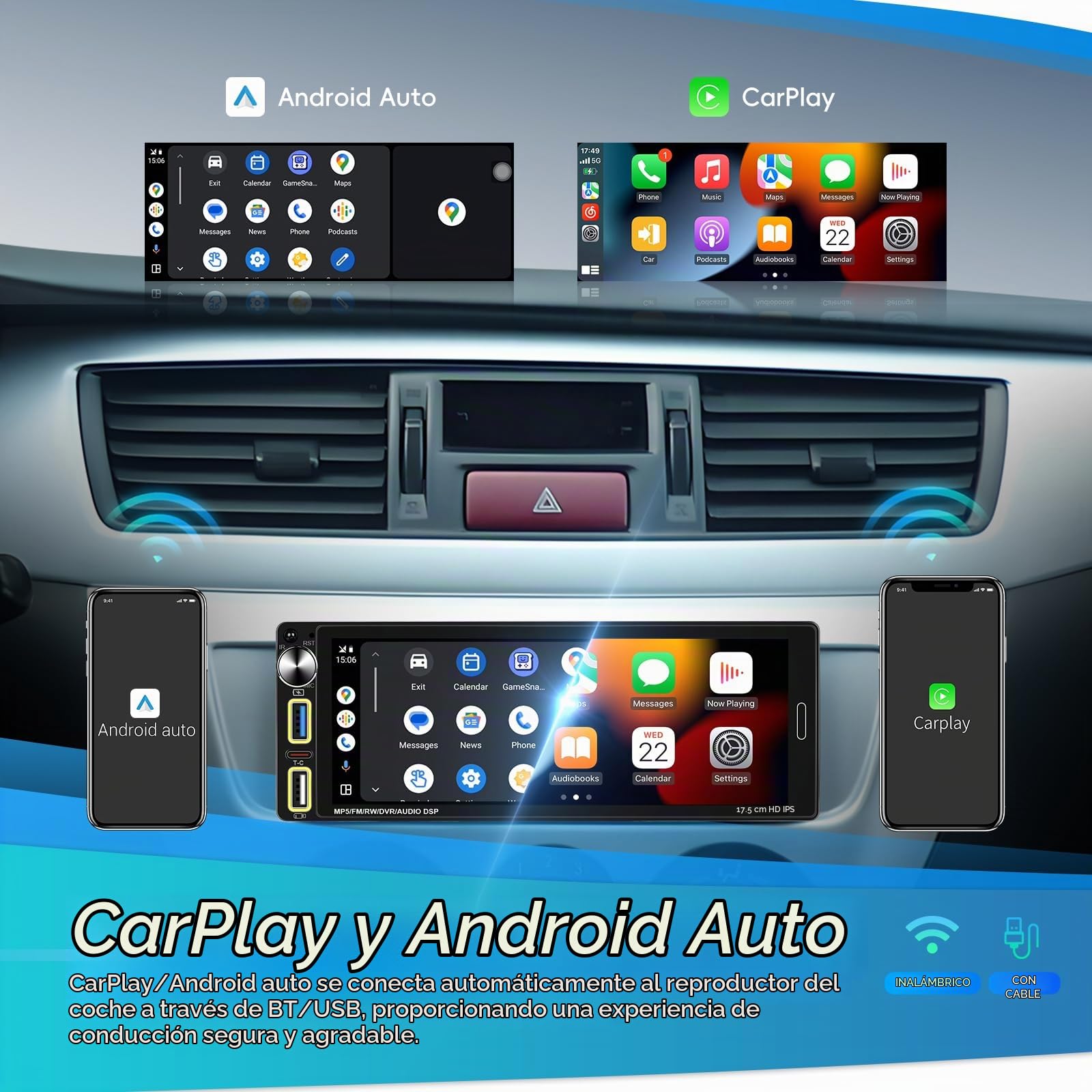 Hikity 6.9" 1 DIN CarPlay Radio Coche con Bluetooth FM Cámara Trasera | IPS Pantalla Táctil Android Auto Wireless CarPlay Mirror Link EQ Control del Volante Manos Libres USB AUX