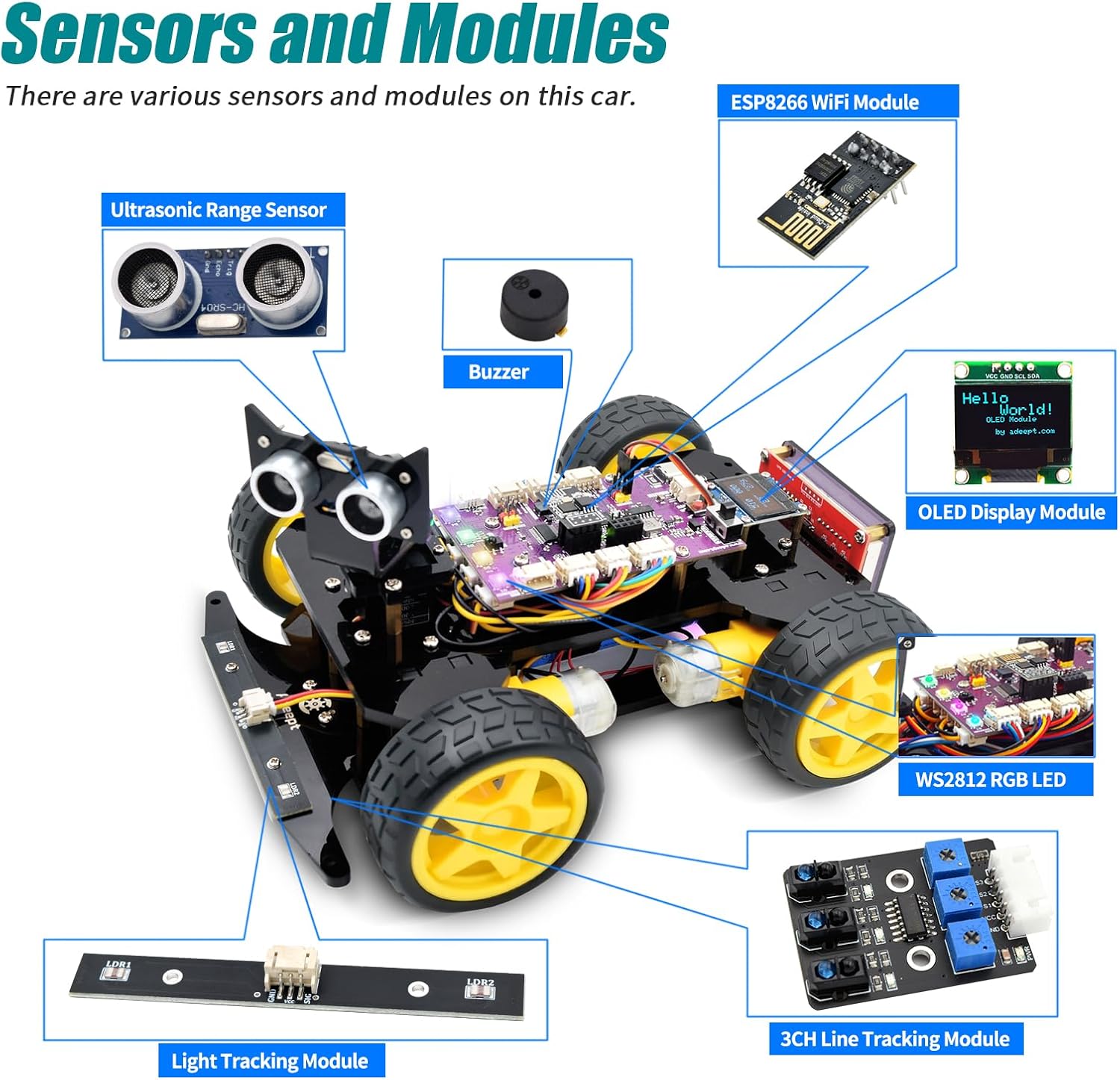 Adeept 4WD Smart Car Kit(Compatible with Arduino IDE), Line Tracking, Light Tracing, Obstacle Avoidance, Servo Motor, OLED Display, Buzzer, LED Dot Matrix Display