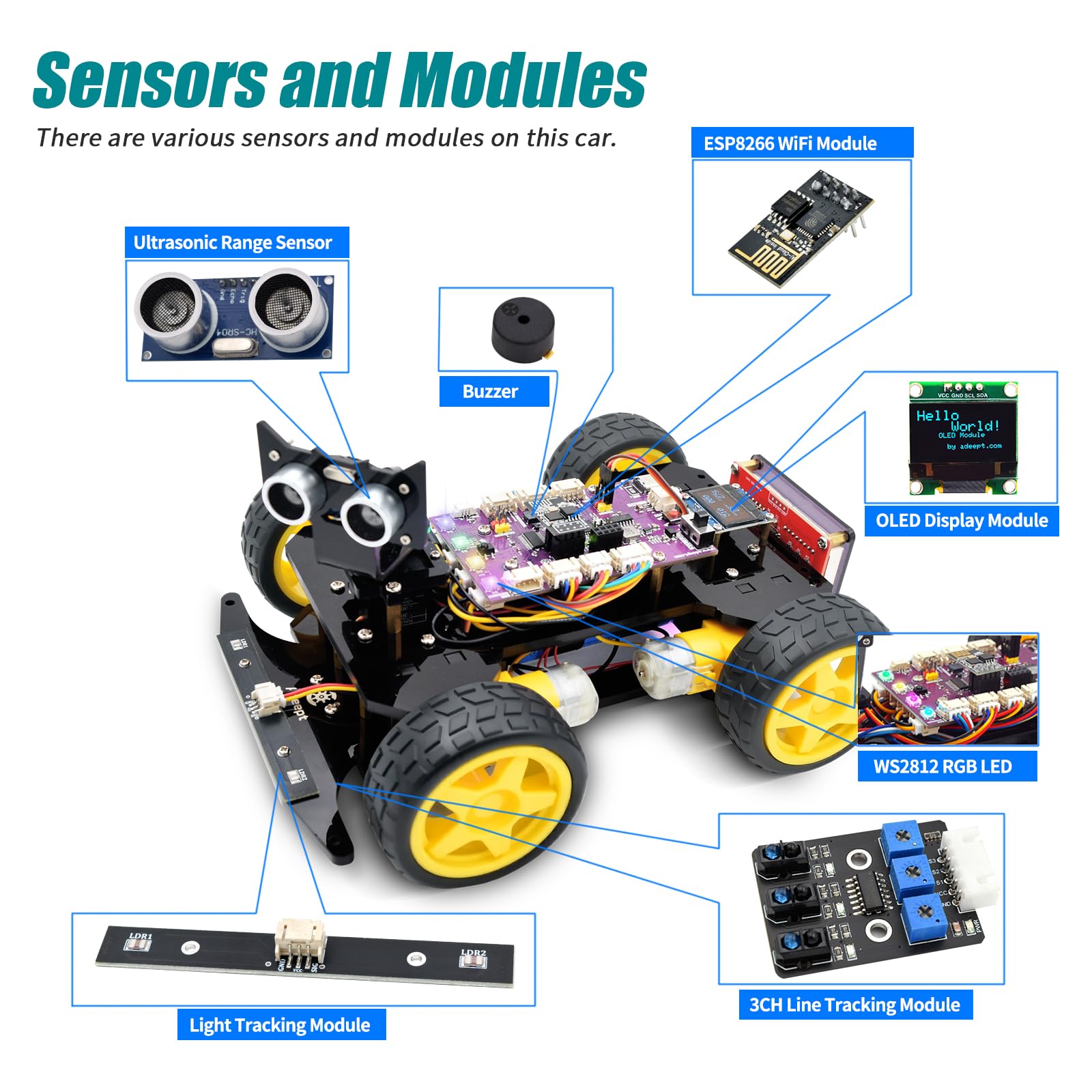 Adeept Kit de coche inteligente 4WD (compatible con Arduino IDE), seguimiento de línea, trazado de luz, prevención de obstáculos, servomotor, pantalla OLED, zumbador, pantalla LED de matriz de puntos