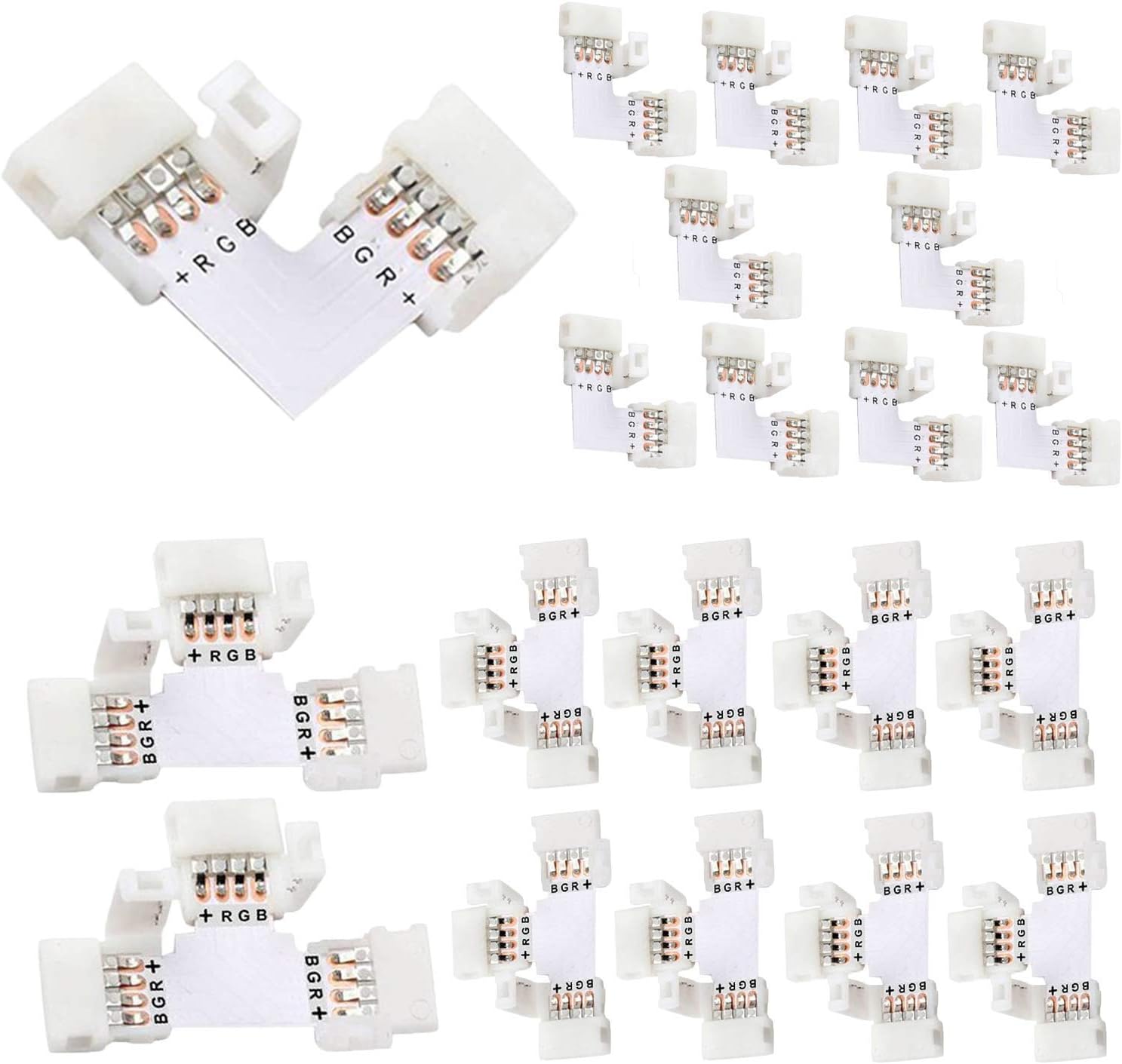 JACKYLED 10-Pack L Shape Connectors and 10-Pack T Shape Connectors, 10mm Wide 4 Pin Unwired Gapless Solderless RGB Connectors for 3528/5050 SMD RGB LED Strip Lights