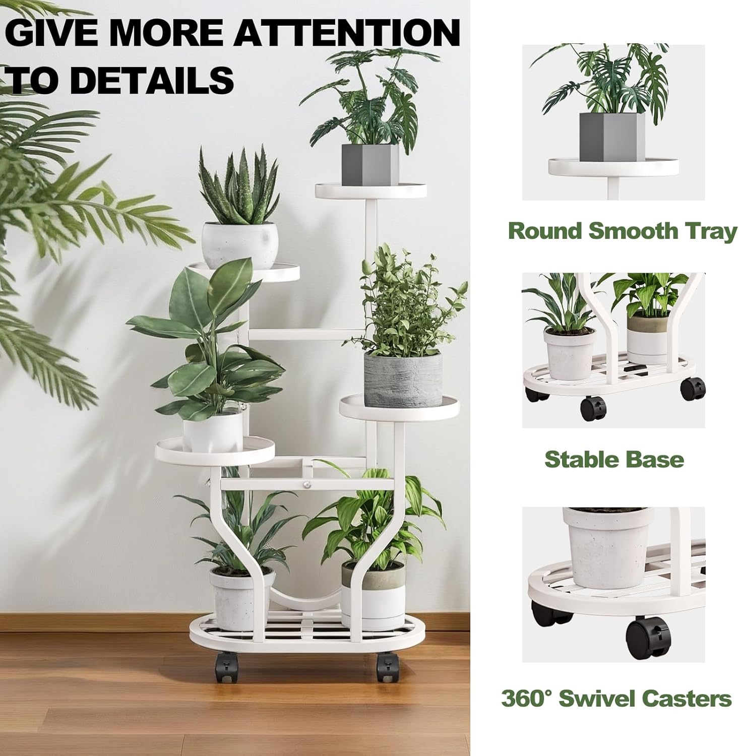 Plant Stand Indoor Outdoor 4 Tier Flower Holder with Wheels Metal Plant Shelf Corner Display Rack Multi Plants Sheleves for Living Room Garden Patio White