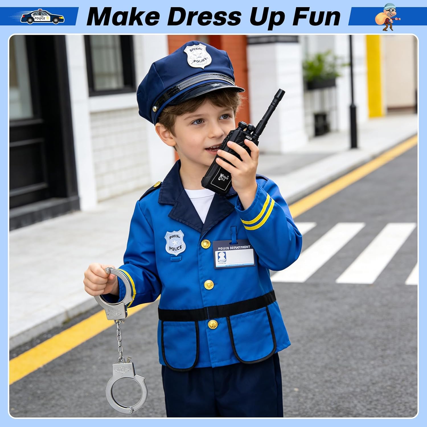 Police Officer Role Play Costume Dress-Up Set for Kids, Police Station Toy Set with Handcuffs, Walkie-Talkie Nightstick, Pretend Cop Career Outfit for Boys Girls Ages 3-7, Halloween Role Play Toys