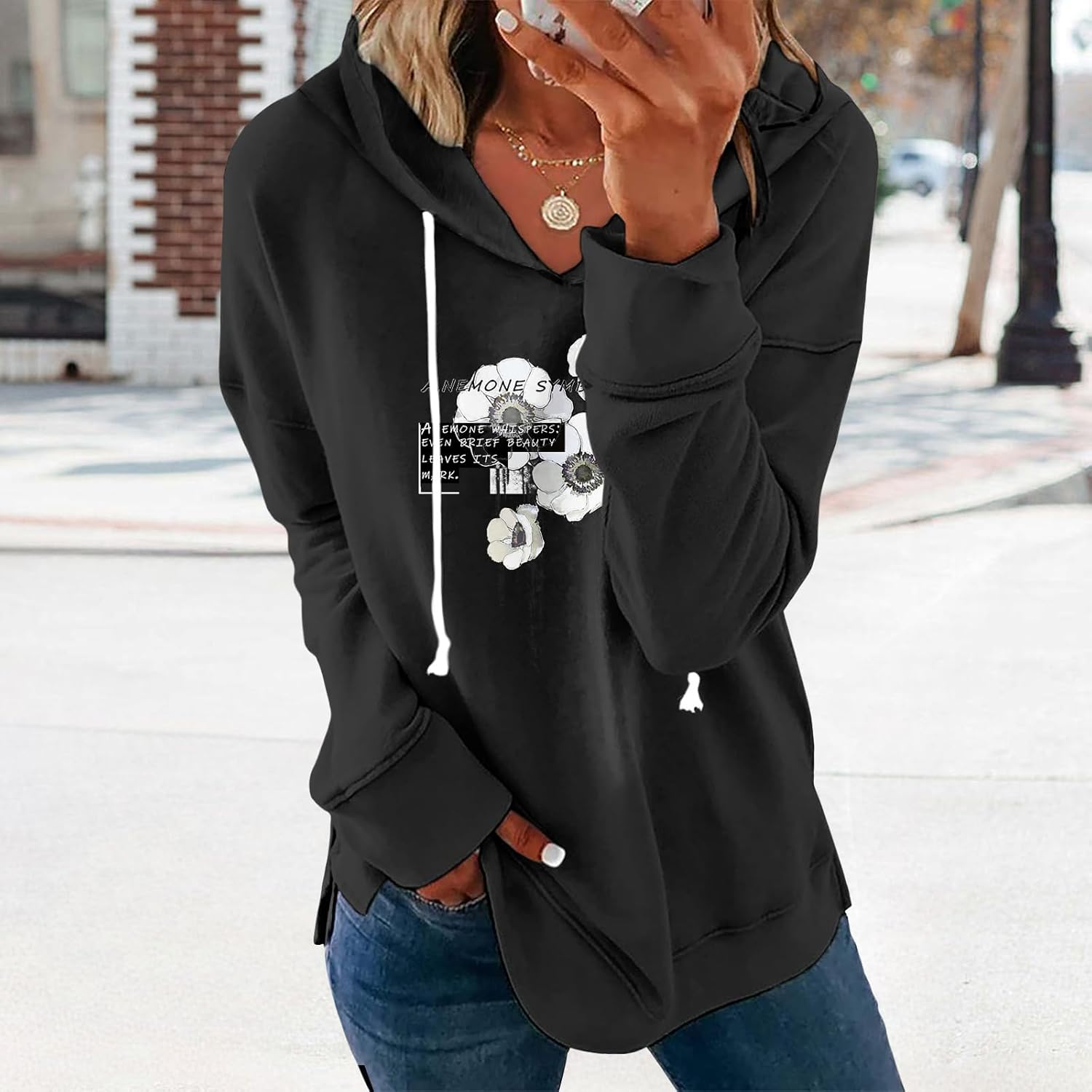 Womens Casual Loose Fit Pullover Sweatshirt with Artistic Print Drawstring Hood Long Sleeve Cotton Blend for Fall - Image 2