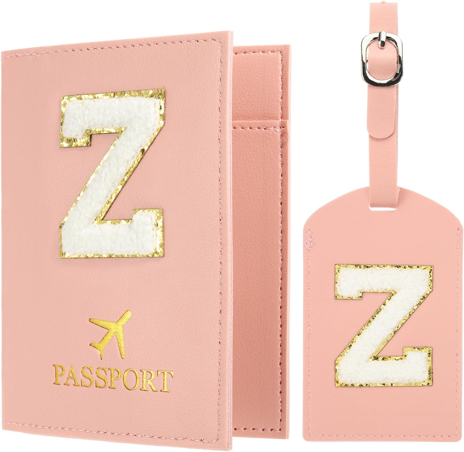 PATIKIL Passport Holder for Travel, Initial Passport Cover and Luggage Tag Set with Alphabet Chenille Letter Patch Travel Wallet Bag Suitcase Identifier for Women Family Travel Pink S