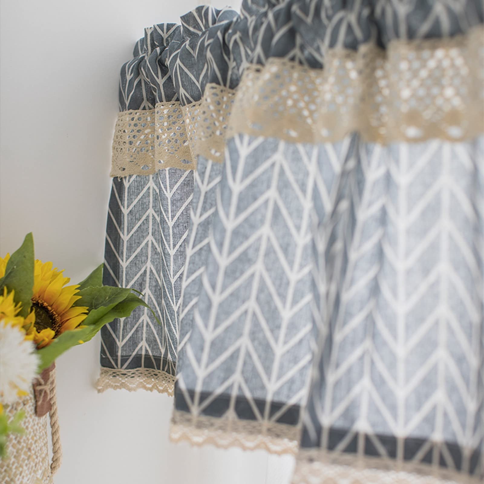 A.Monamour Tenda Corta per Finestra Piccola Opaco Cotone E Lino Rombo Grigio Geometrico Con Pizzo Tendina Tenda da Cucina Bistrot Caffè Mezza Tenda Mantovana Tenda a Vetro Tenda a Pannello Tenda Porta