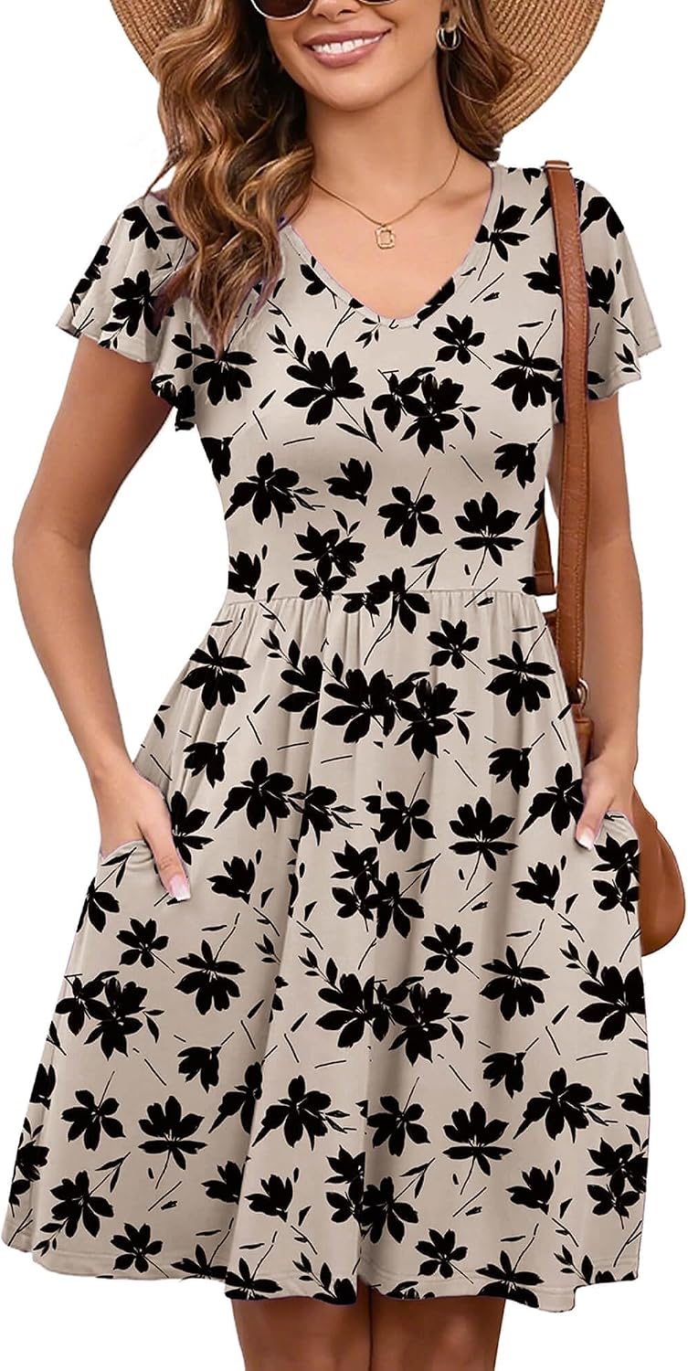 Heymoments Women's Ruffle Sleeve V Neck Swing Sundress Summer Casual A-Line Midi Dress with Pockets S-2XL