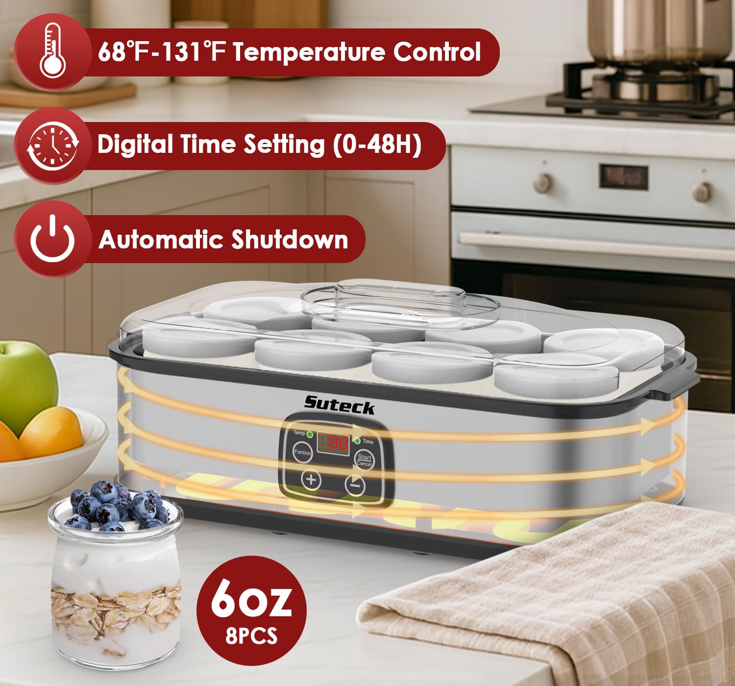 Suteck Máquina de yogur de acero inoxidable con control de tiempo y temperatura ajustable, apagado automático y temperamento constante para yogur griego, probiótico, sin BPA, 8 botellas