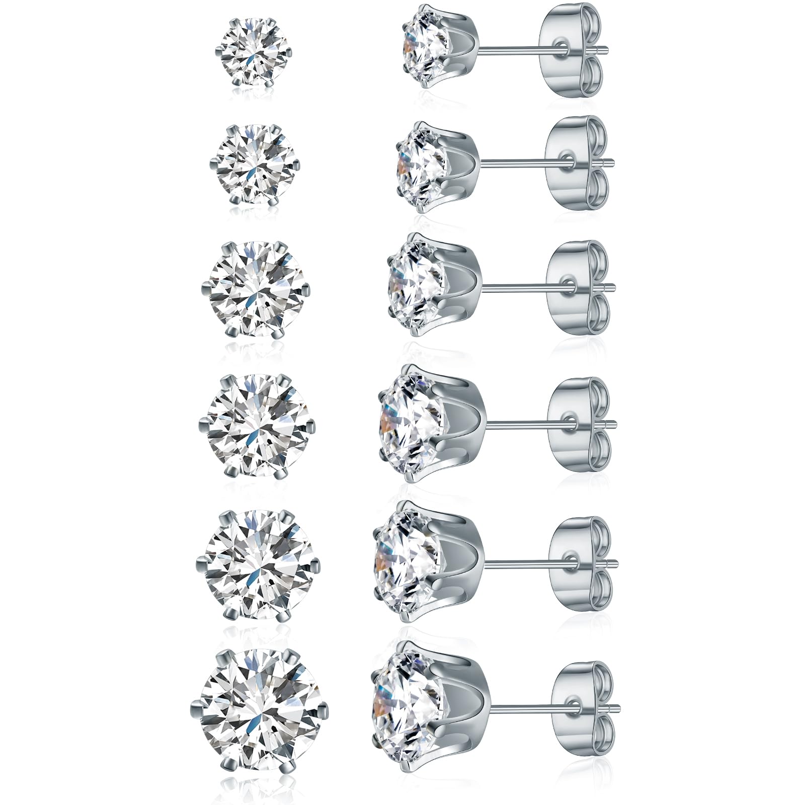 GEMSME 18K White Gold Plated Round Cubic Zirconia Stud Earrings Pack of 6