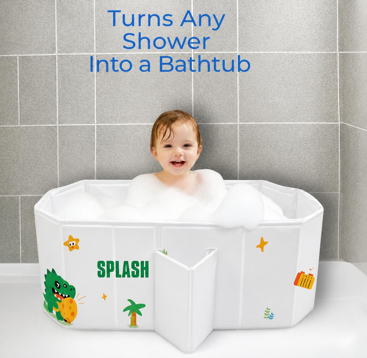 OhSoBig Collapsible Toddler Baby Bathtub - Foldable Portable Tub for Shower & Home, Non-Slip Base with Cushioned Bottom, Drain Plug,Space-Saving & Travel Tub (Multi-Color Dino Splash Mix)