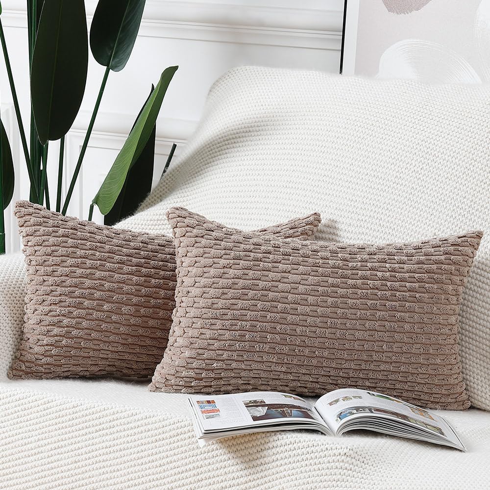 Madizz 2er Set Boho Gestreifte Kissenbezüge Weicher Kord Dekorativer Kissenbezug für Schlafzimmer Sofa Kissenhülle Braun 40 x 60 cm