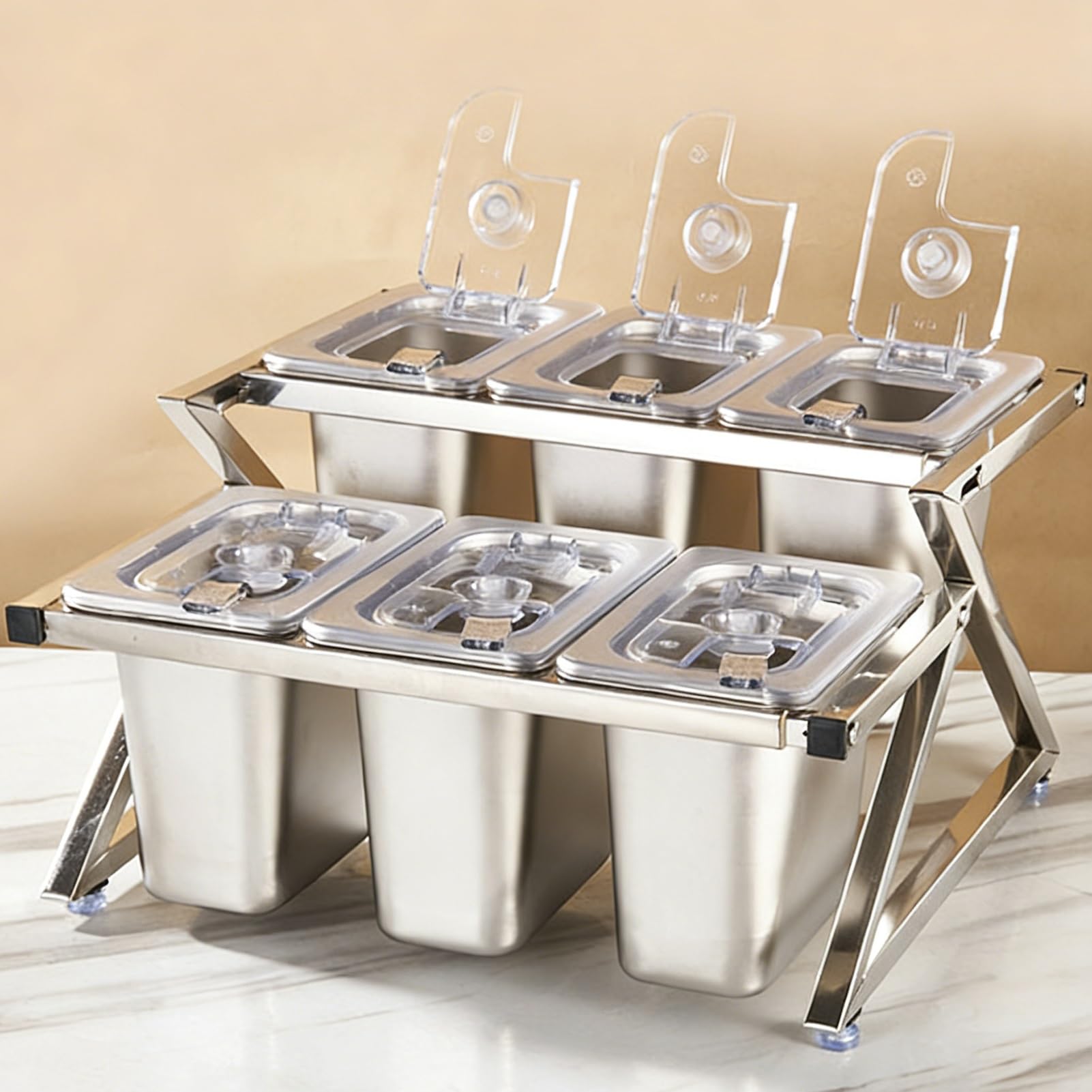 Questa Stazione per condimenti per Pizza con Coperchio Ribaltabile e Set di Palette, Supporto Organizer per spezie in Acciaio Inossidabile, Porta guarnizioni Inclinato da banco per Salse, ma