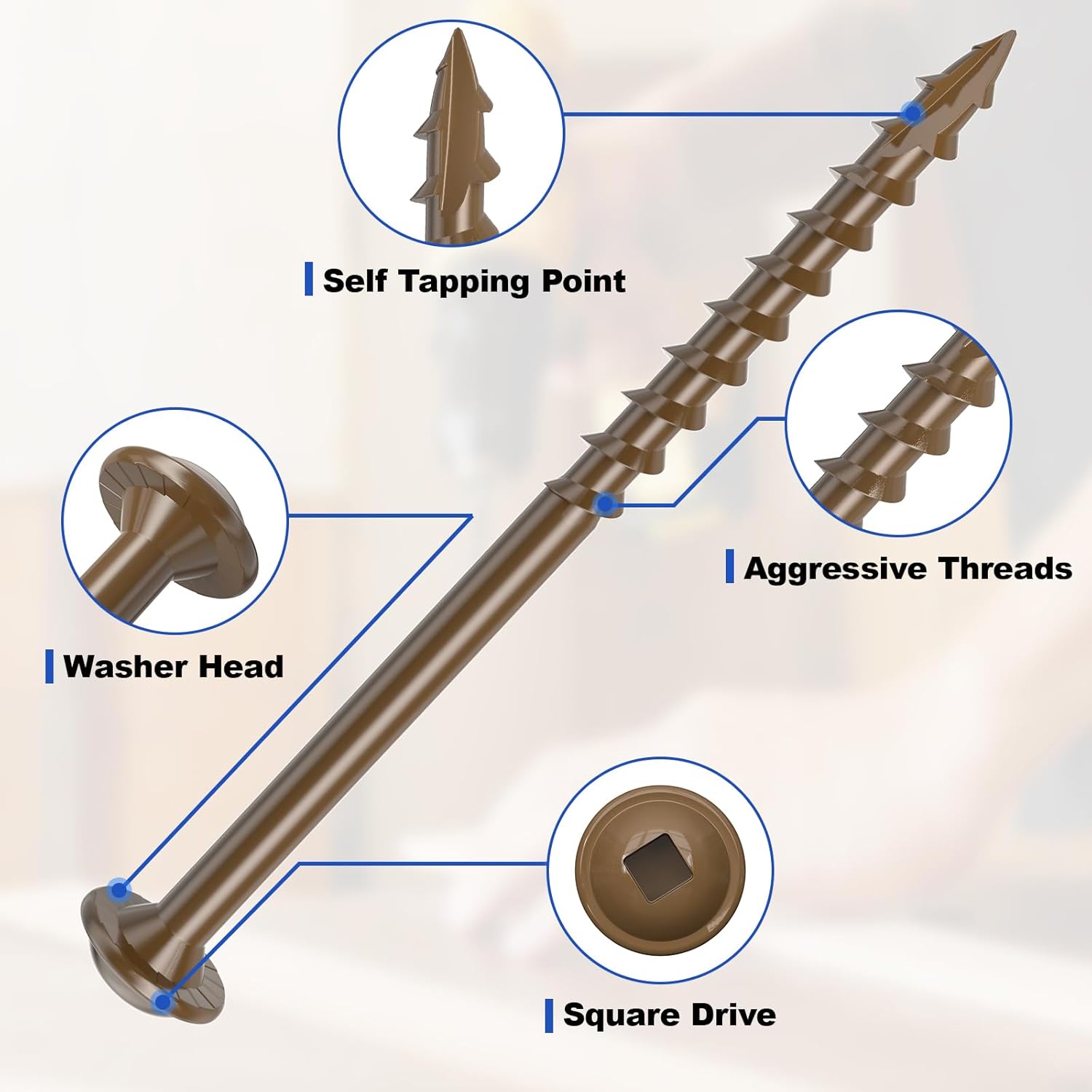 #8 Pocket Hole Screws 1-1/4 Inch, 640Pcs Coarse Thread Wood Screws, Square Drive, Washer Head, 4-Layer Coating, Drive Bit Included (Brown)