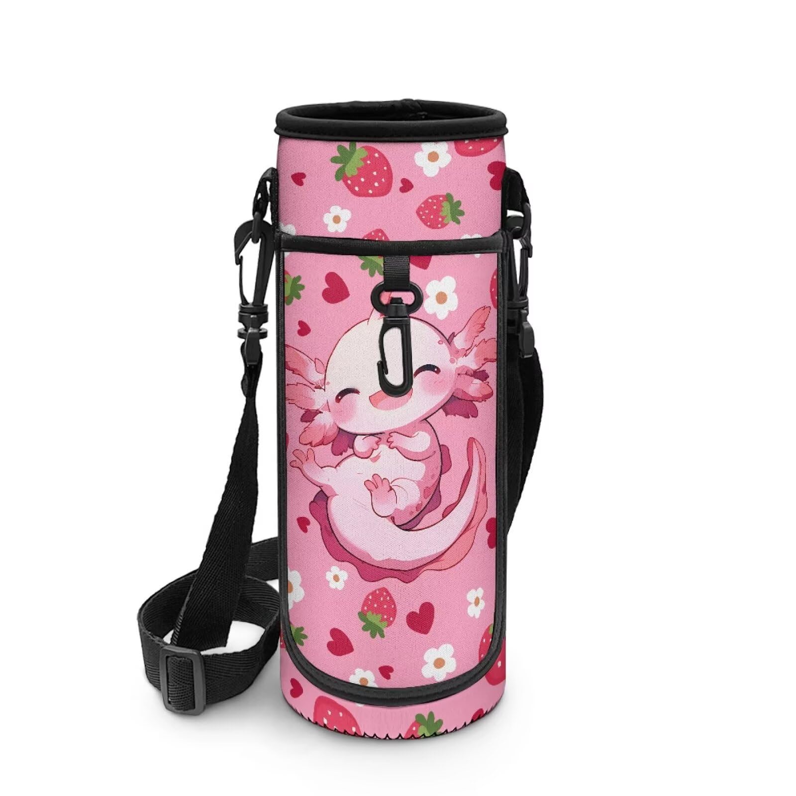 POLERO Axolotl Water Bottle Pouch Girls Cute Water Bottle Holder with Strap Strawberry Floral Sling Neoprene Sleeve