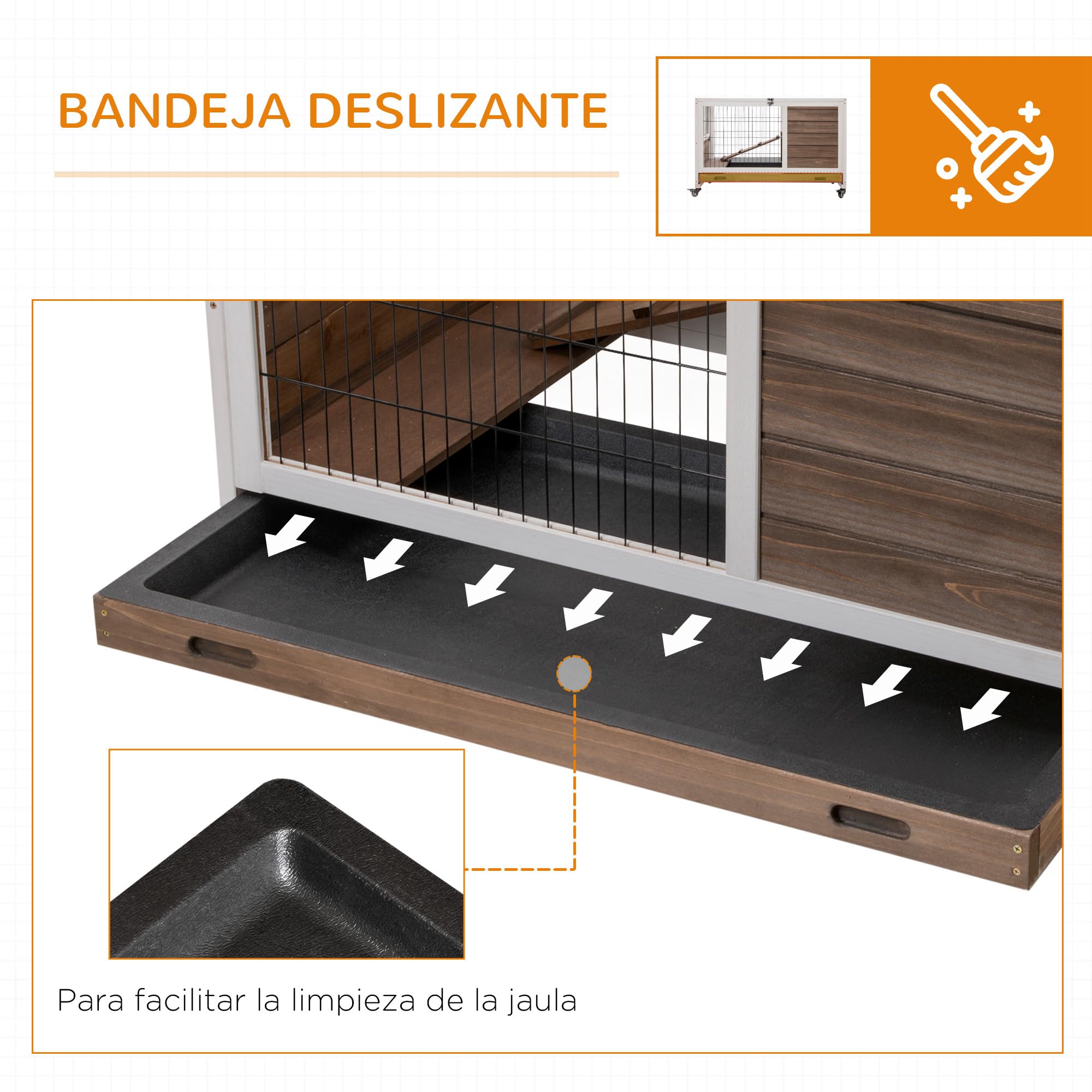 PawHut Jaula para Conejos de Madera Conejera para Mascotas Pequeñas Portátil Interior con Techo Abrible Rampa Bandeja Extraíble para Conejillos de Indias 90x53x59 cm Marrón