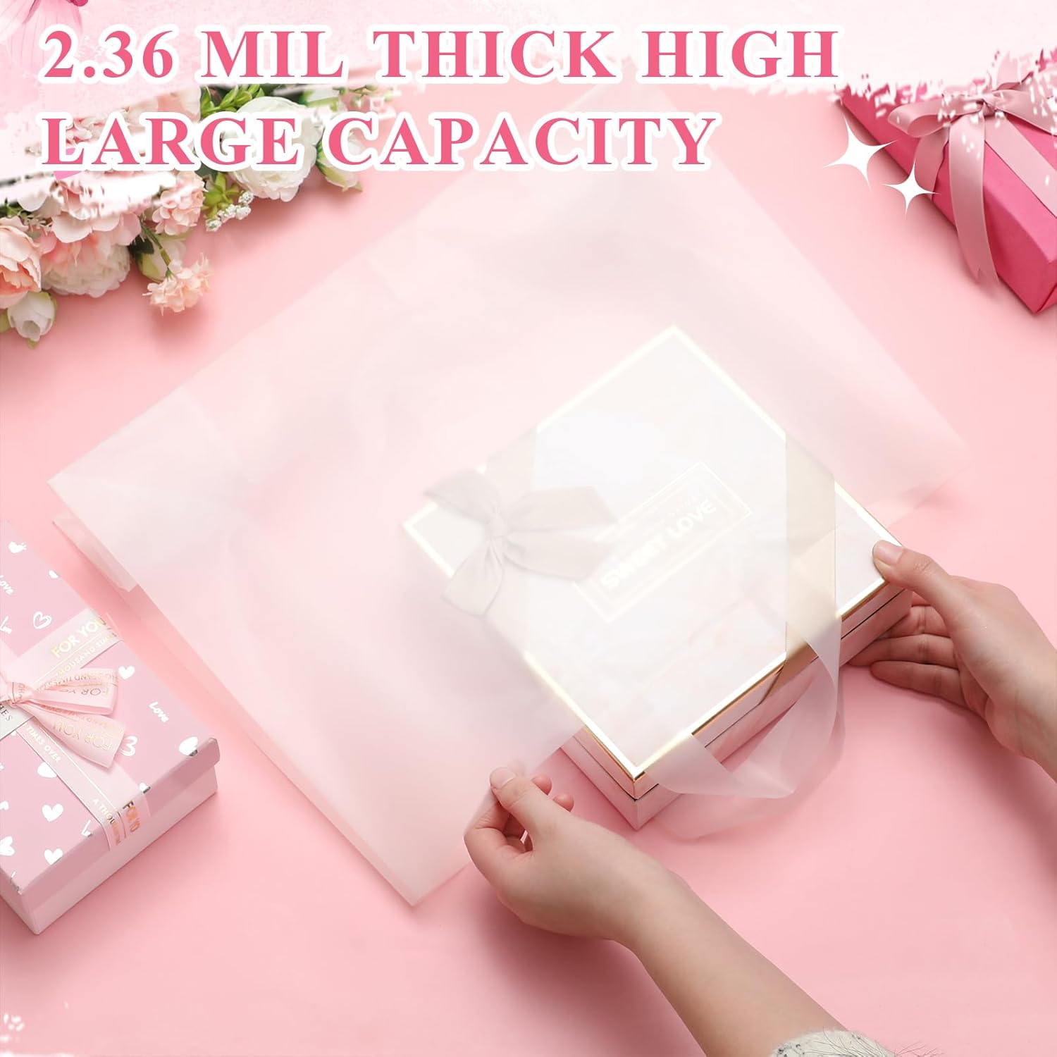 Amylove 100 Pcs Shopping Bags Bulk Large Plastic Gift Bags with Handles Rose Pink Retail Bag Frosted Tote Bag for Small Business Boutique Wedding Holiday Gift Packaging 16"x 12"x 6" - Image 3