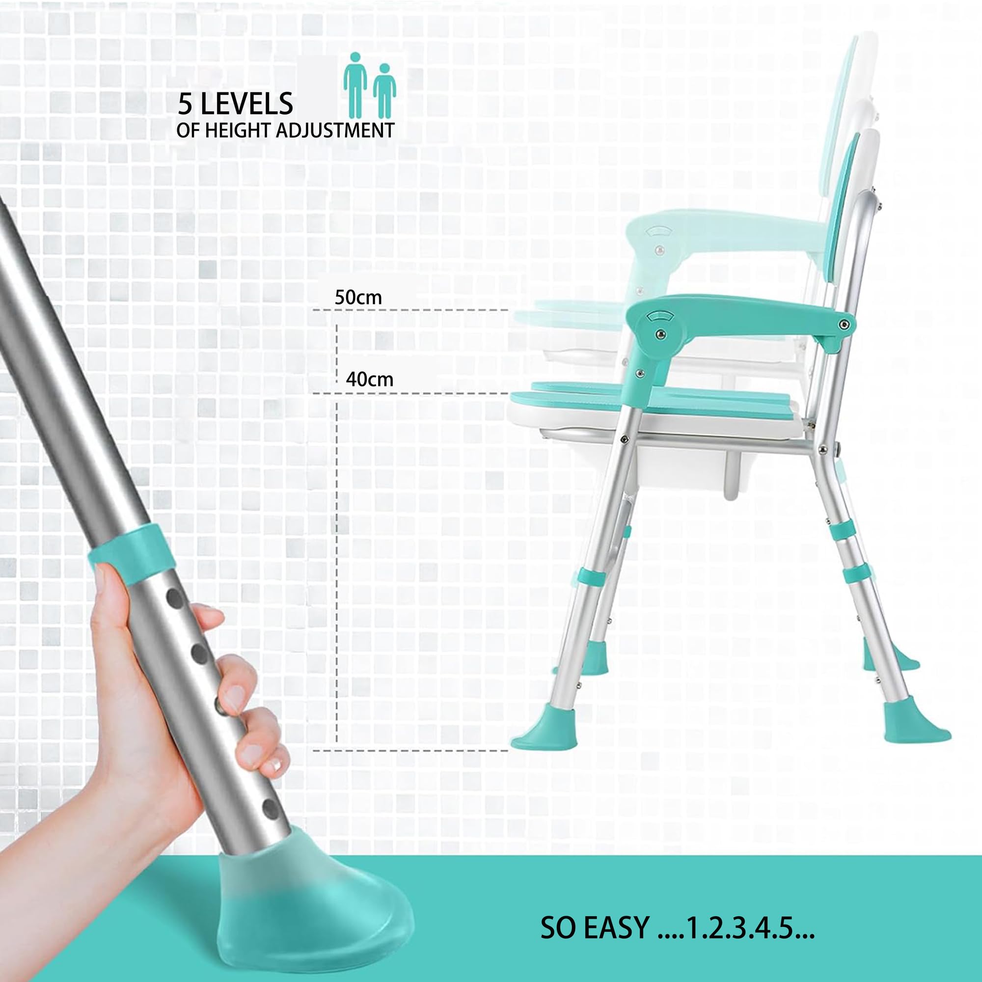 Silla de ducha plegable con brazos y respaldos, asiento en forma de U 3D, altura ajustable y asiento interior antideslizante para discapacitados, ancianos, futuras madres y adultos