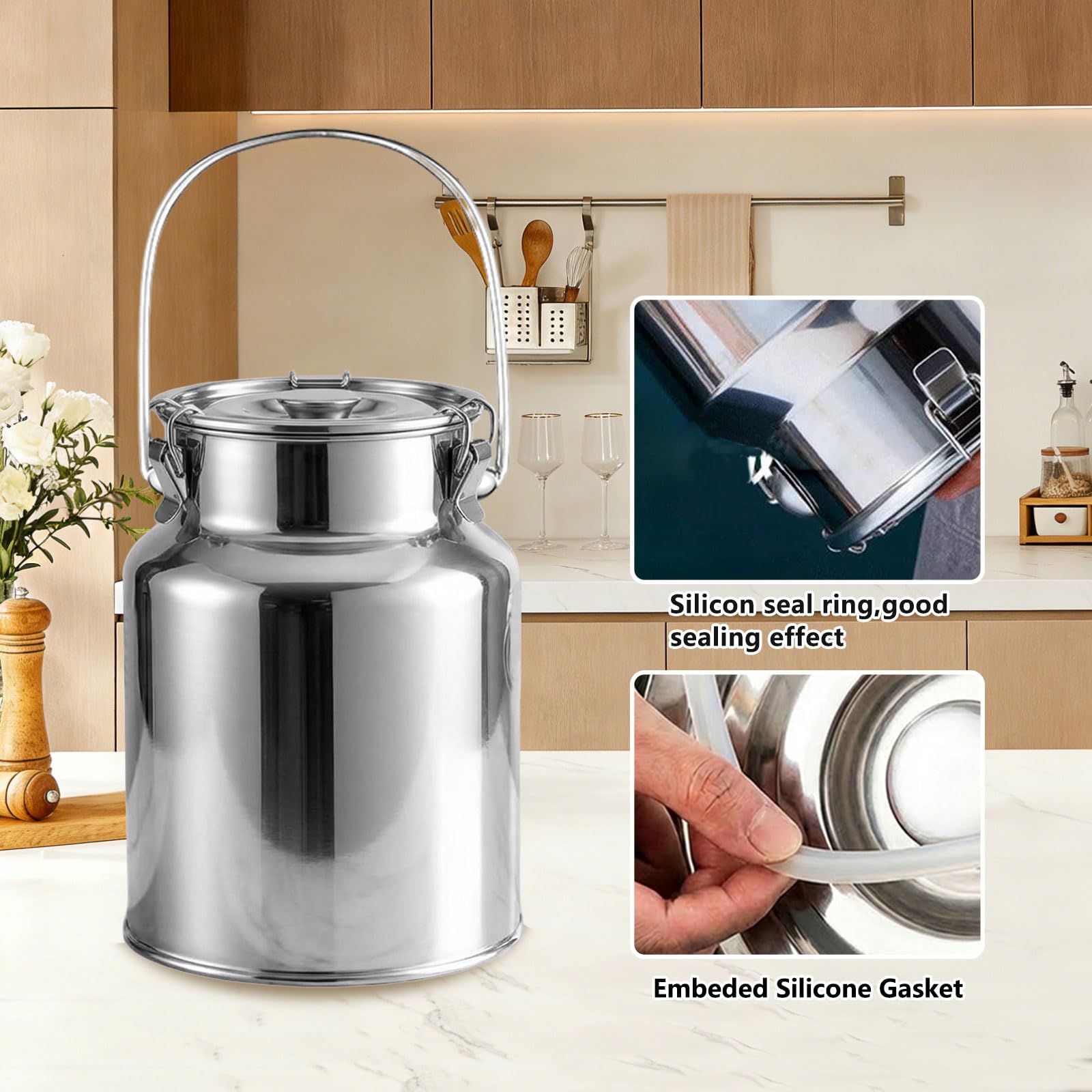 Brocca per Il Latte in Acciaio Inossidabile, Contenitore Ermetico per La Conservazione del Latte Secchio per Il Latte con Coperchio per Latte, Cereali, Chicchi di caffè,11L 22x30CM