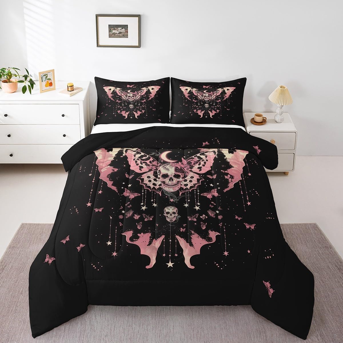 Feelyou Death Moth Skull Heads Bedding Set Twin Size Halloween Decor Comforter Set for Kids Boys Girls Adult Butterfly Duvet Set Black Pink Quilt Set 2Pcs