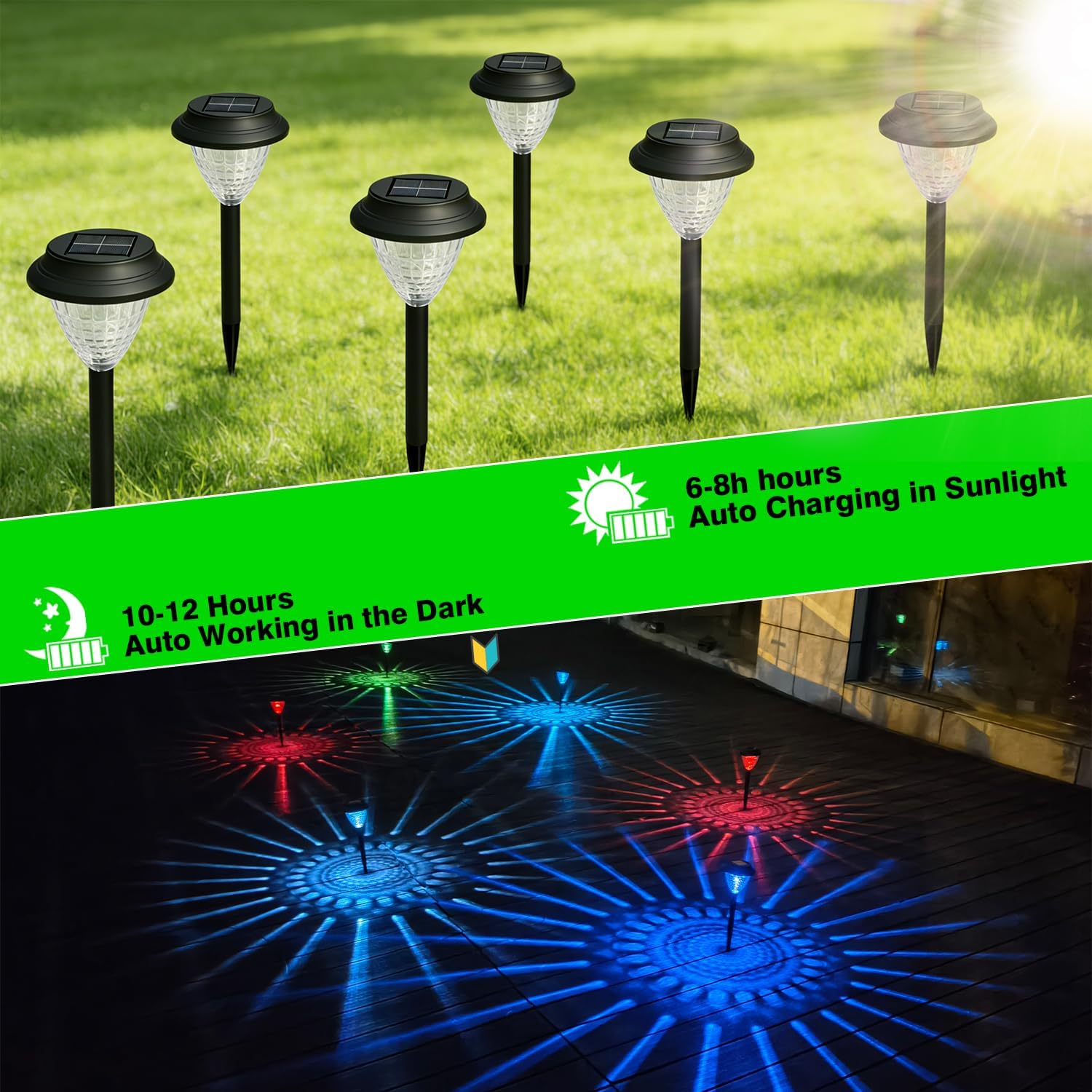 Solar Pathway Lights Outdoor, 6 Pack Color Changing & Cool White LED Light, Solar Lights Outdoor Waterproof for Garden Yard Walkway Driveway Lawn Landscape Decorative Lighting