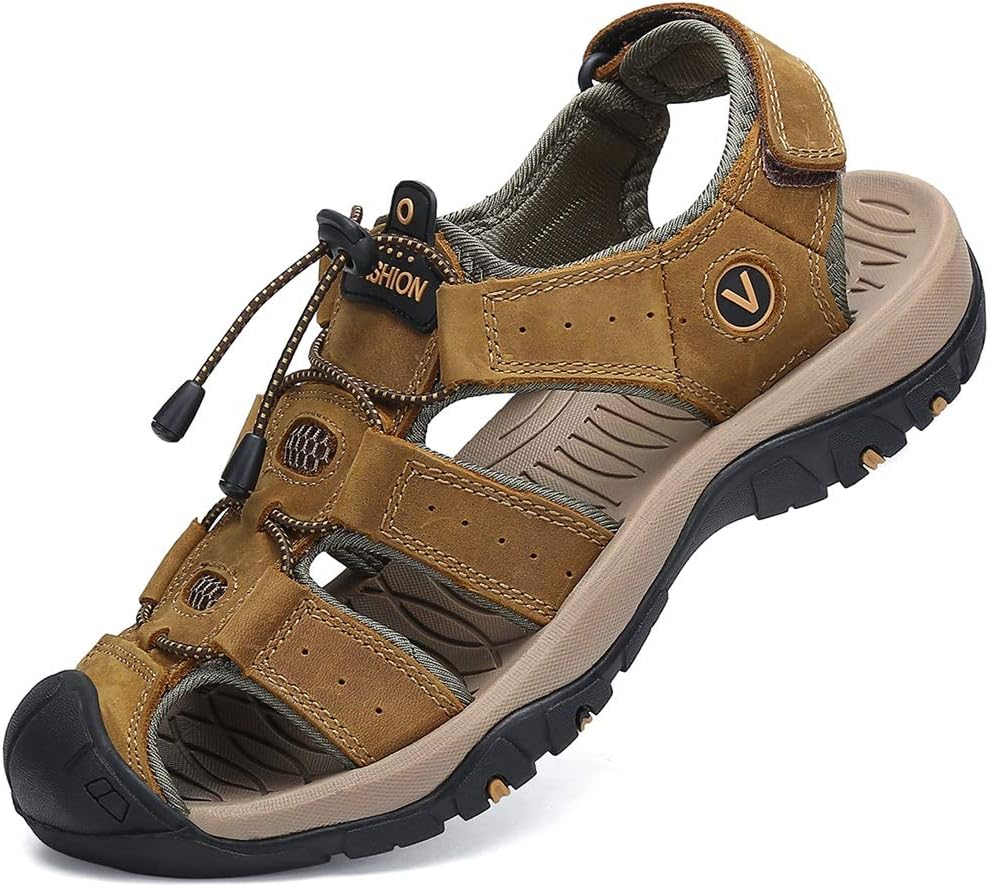 FLARUTMen's Sport Sandals Outdoor Hiking Sandals Closed Toe Lightweight Leather Athletic Trail Walking Casual Sandals Water Shoes