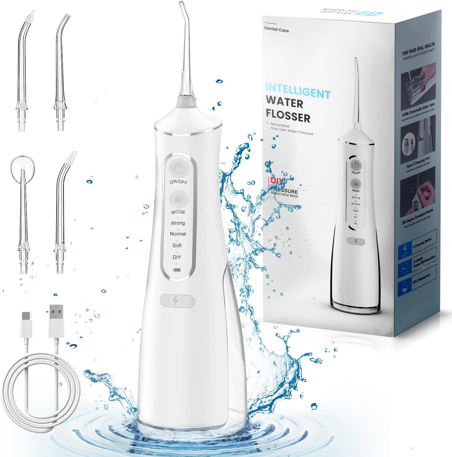 Cordless Water Dental Flosser Pick for Teeth, 4 Modes Rechargeable Irrigation Cleaner IPX7 Waterproof Electric Professional Flossing Teeth Cleaning