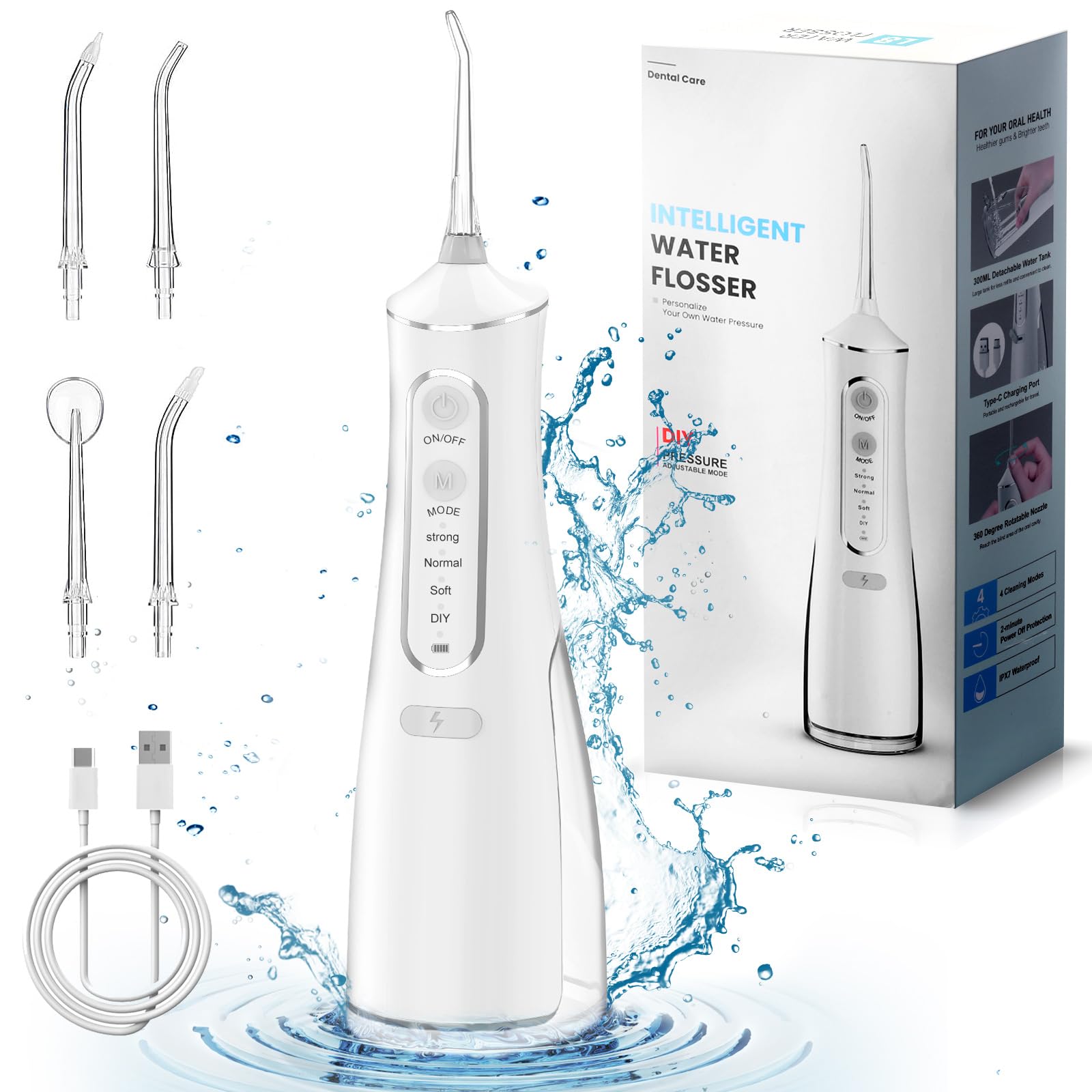 Cordless Water Dental Flosser Pick for Teeth, 4 Modes Rechargeable Irrigation Cleaner IPX7 Waterproof Electric Professional Flossing Teeth Cleaning