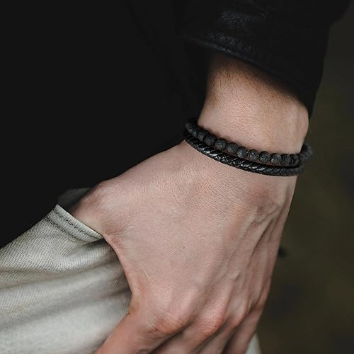 Miniatura 3 de LUXEJEW Gifts for Men - Mens Bracelet, Beaded Leather Bracelets for Men 6mm Tiger Eye Lava Rock Stone Handmade Bracelets Adjustable Stainless Steel