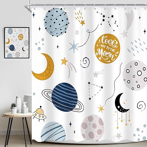 Ufeela Cortina de ducha para niños, diseño de planeta de dibujos animados, universo lindo, galaxia, espacio y luna, juego de cortina de baño con