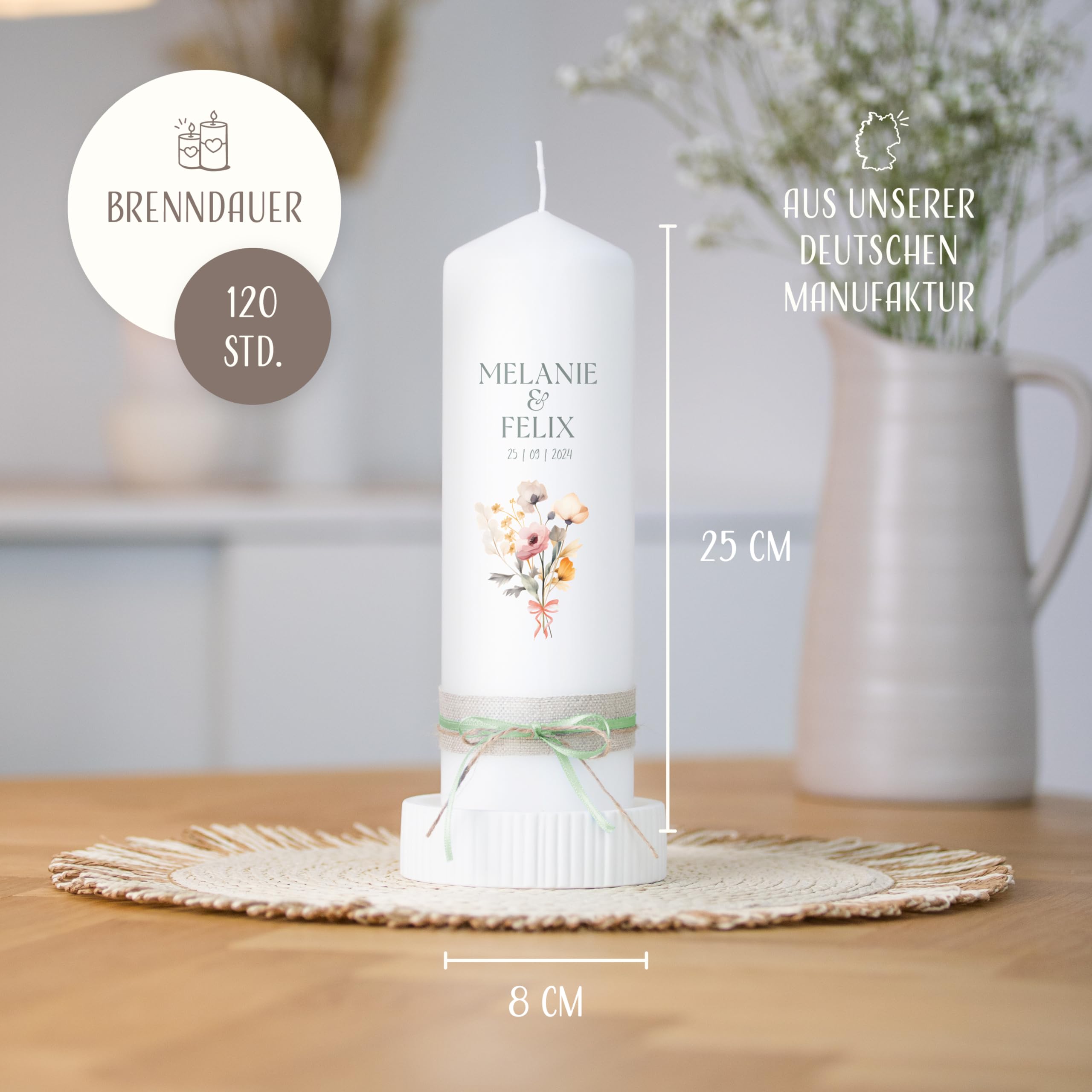 AMARI ® Hochzeitskerze personalisiert Blumenstrauß 25/8 cm - Traukerze Hochzeit - Hochzeitskerze Standesamt - Traukerze mit Namen und Datum