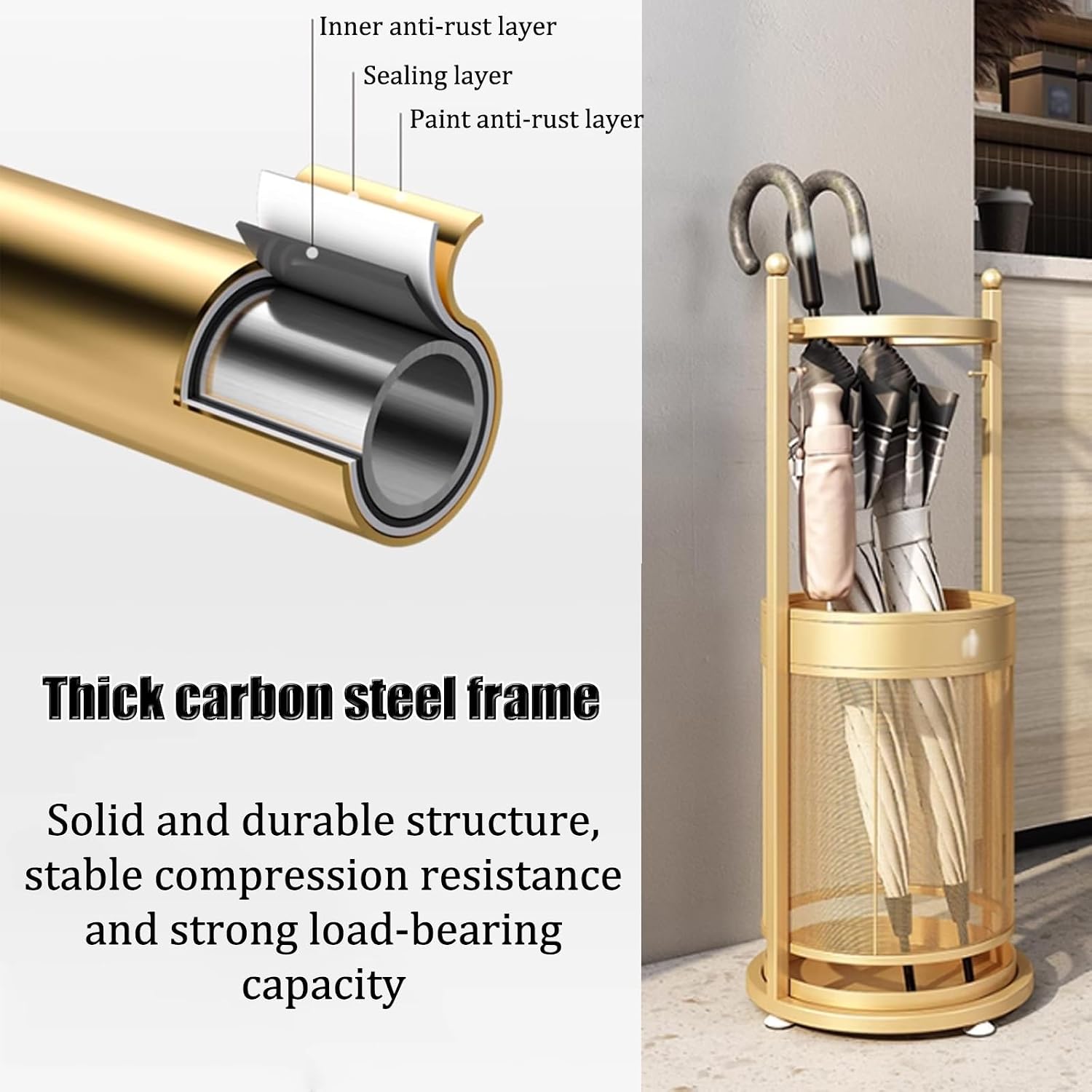 Commercial Metal Umbrella Stand Holder Indoor Large-Capacity Umbrella Stand Racks with Removable Drip Tray Entrance Umbrellas Organizer Freestanding Umbrella Basket for Home Office Entryway.(Gold)