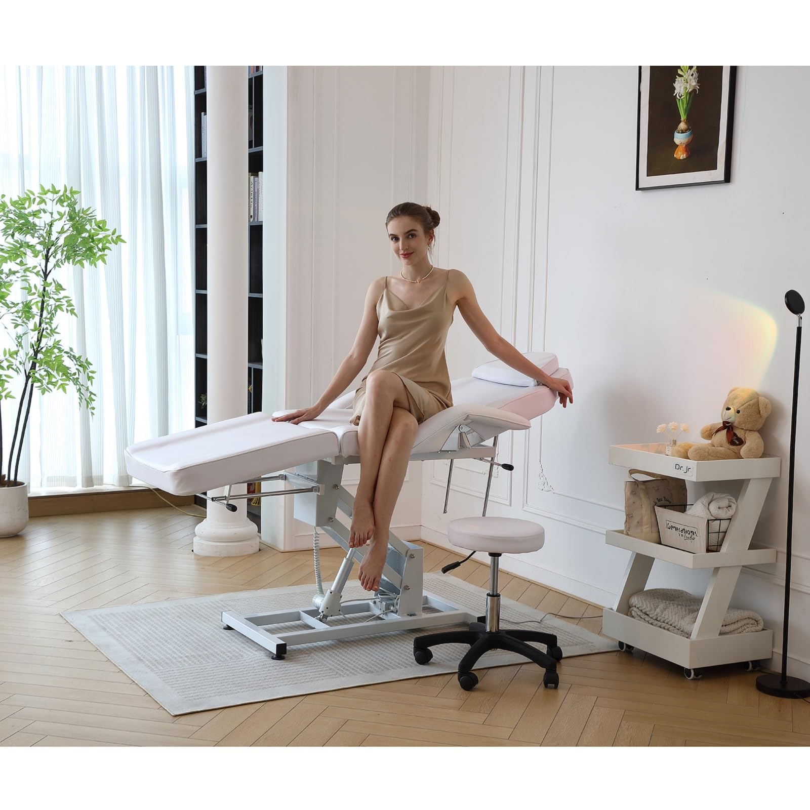 LSLIFE Elektrische Massageliege Kosmetikliege mit Hocker Verstellbare 3-teilige Massageliege Salon elektrisch Massage Abnehmbare Armlehnen Kopfstütz für Salon, Tattoo Gesichtsbehandlung SPA (Weiß)