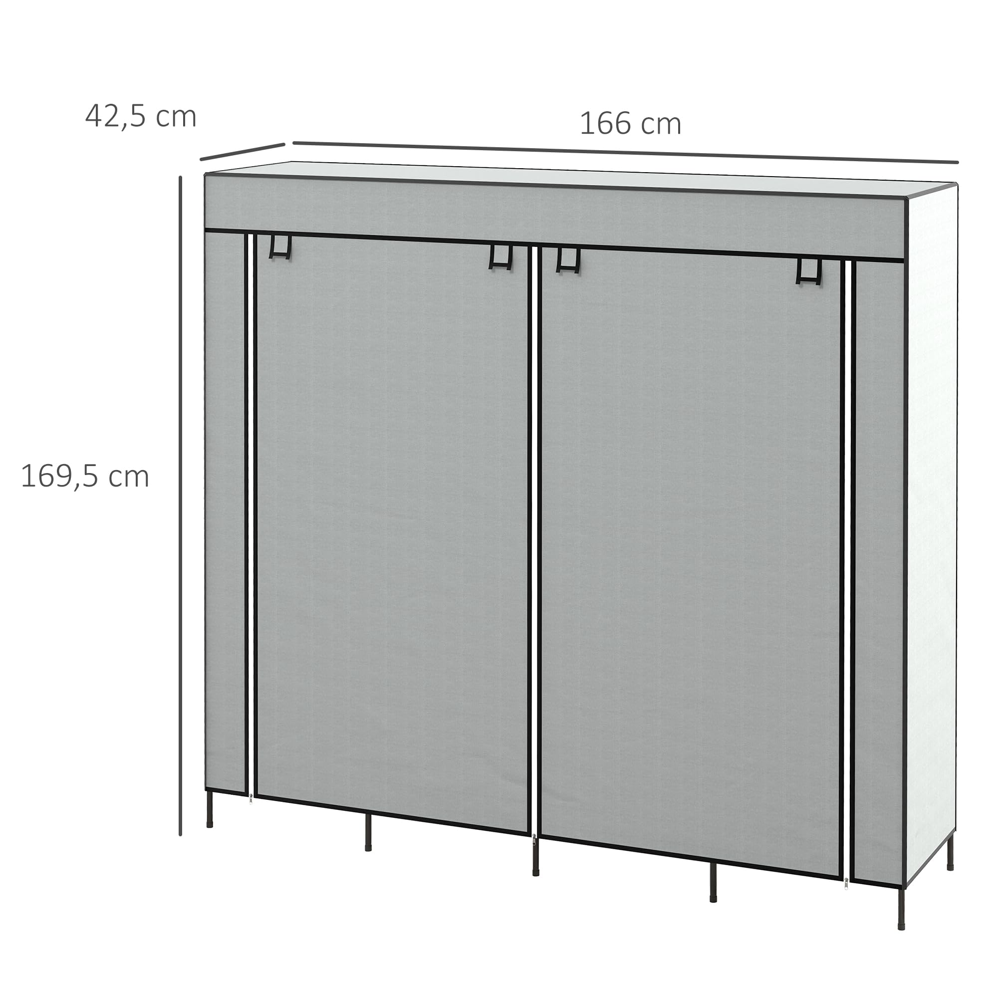 HOMCOM Kleiderschrank Stoffschrank mit Kleiderstange, Ablagen, Reißverschluss Stoffkleiderschrank Faltschrank für Ankleidezimmer Schlafzimmer, 166 x 42,5 x 169,5 cm Dunkelgrau