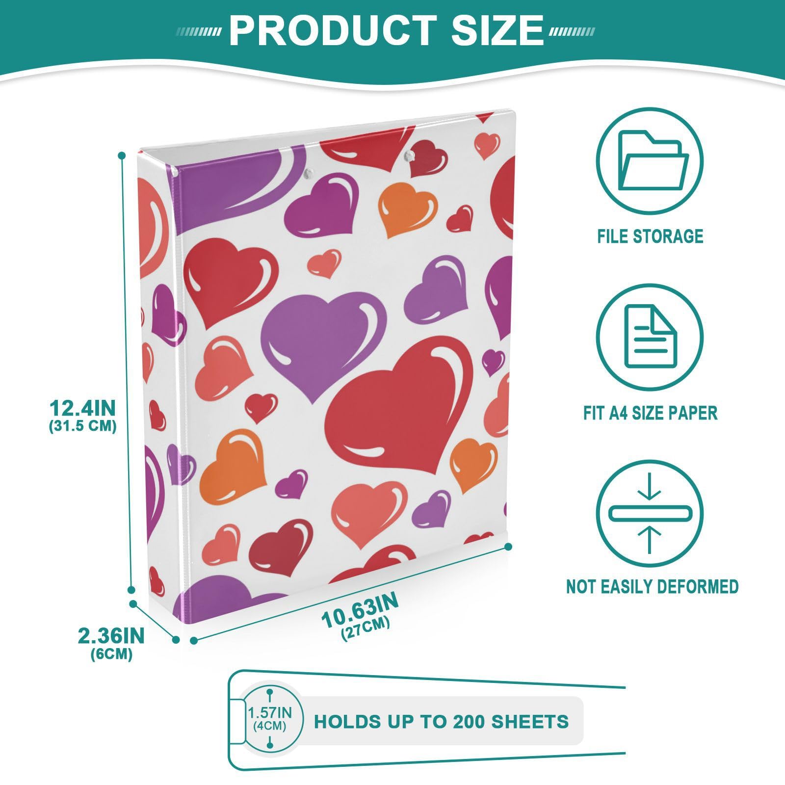 SKYSHU Love Heart - Raccoglitori ad anelli rotondi con 3 tasche interne in PVC trasparente, impermeabili, robusti, 3,8 cm, con clip in metallo antiscivolo, raccoglitori versatili per 200 fogli,