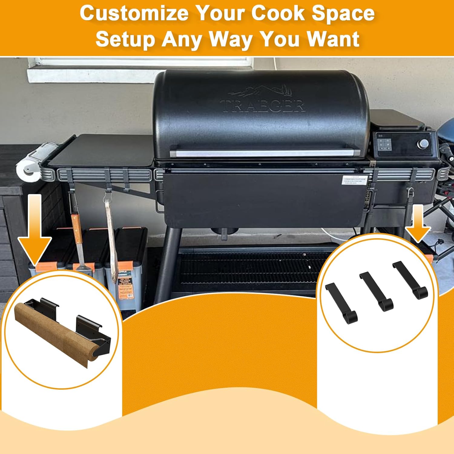 BBQ-PLUS Roll Rack Hooks for Traeger Grills Ironwood,Timberline,Flatrock Series Accessories P.A.L. Pop-and-Lock Rail BAC644 BAC643 Adjustable Paper Holder Aluminum Foil Butcher Paper w/3 PCS Hooks