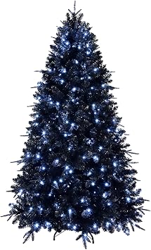 4FT Black Christmas Tree Prelit, Pre Lit Artificial Christmas Tree with 666 Branch Tips and 150 Lights, Black Halloween Tree with Metal Foldable Stand, Black Hinged Xmas Tree for Party Decoration
