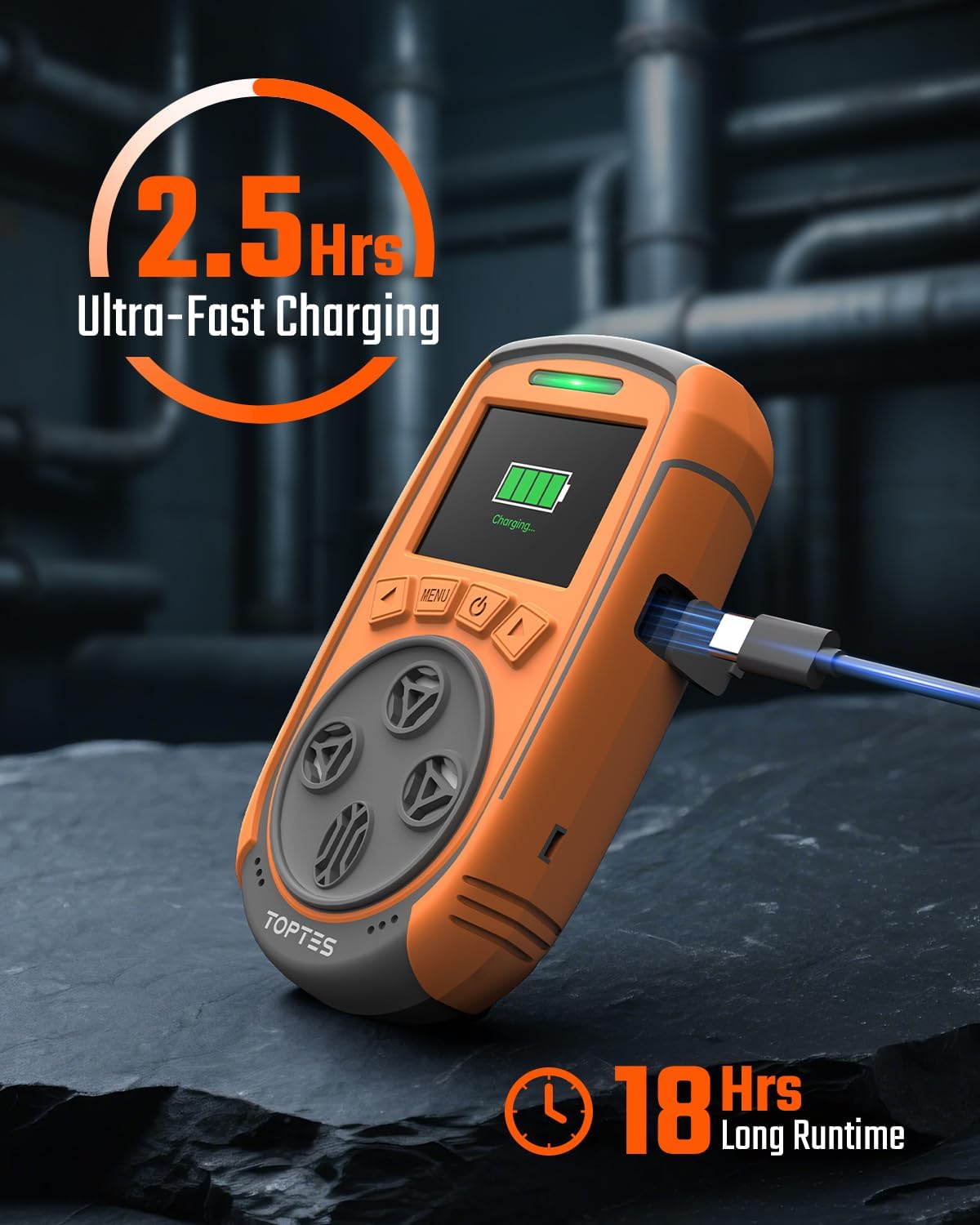 TopTes Guard-863Pro connected to a charging cable, illustrating its fast charging capability