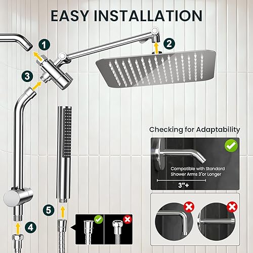 Miniatura 8 de Veken Cabezal de Ducha de Lluvia Lujoso Completamente de Metal de 10" con Ducha de Mano, Cabezales de Ducha de Lluvia de Alta Presión con Brazo de