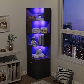 ARTETHYS Corner Shelf with Light 5-Tier Black Storage Cabinet with Drawers Modern Tall Bookshelf Stand for Living Room