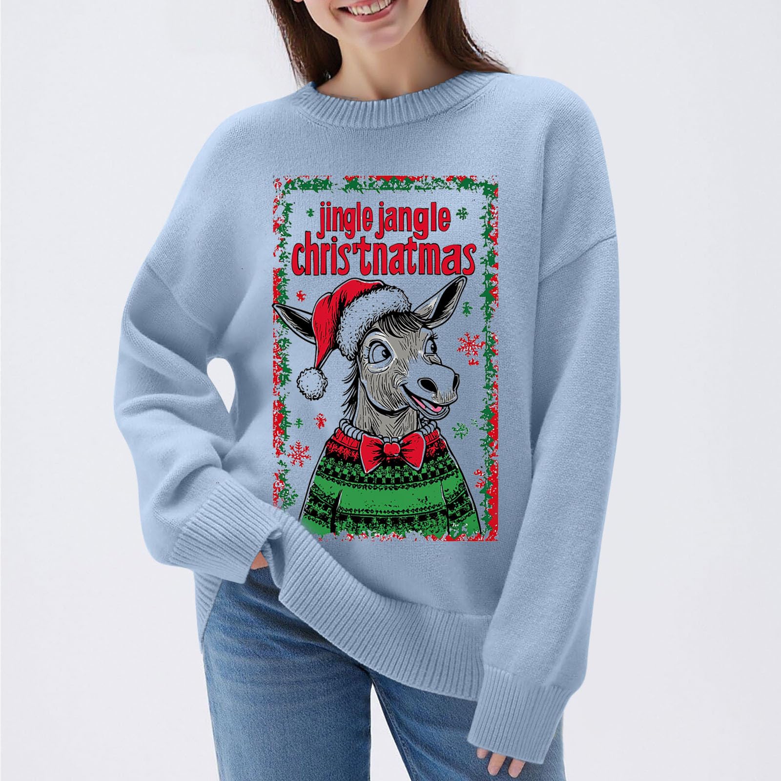 Jerséis de Navidad para mujer, Jingle Jangle Donkey, suéter feo de Navidad para mujer, punto acanalado, casual, suelto, cuello redondo, talla grande, manga larga, sudaderas divertidas