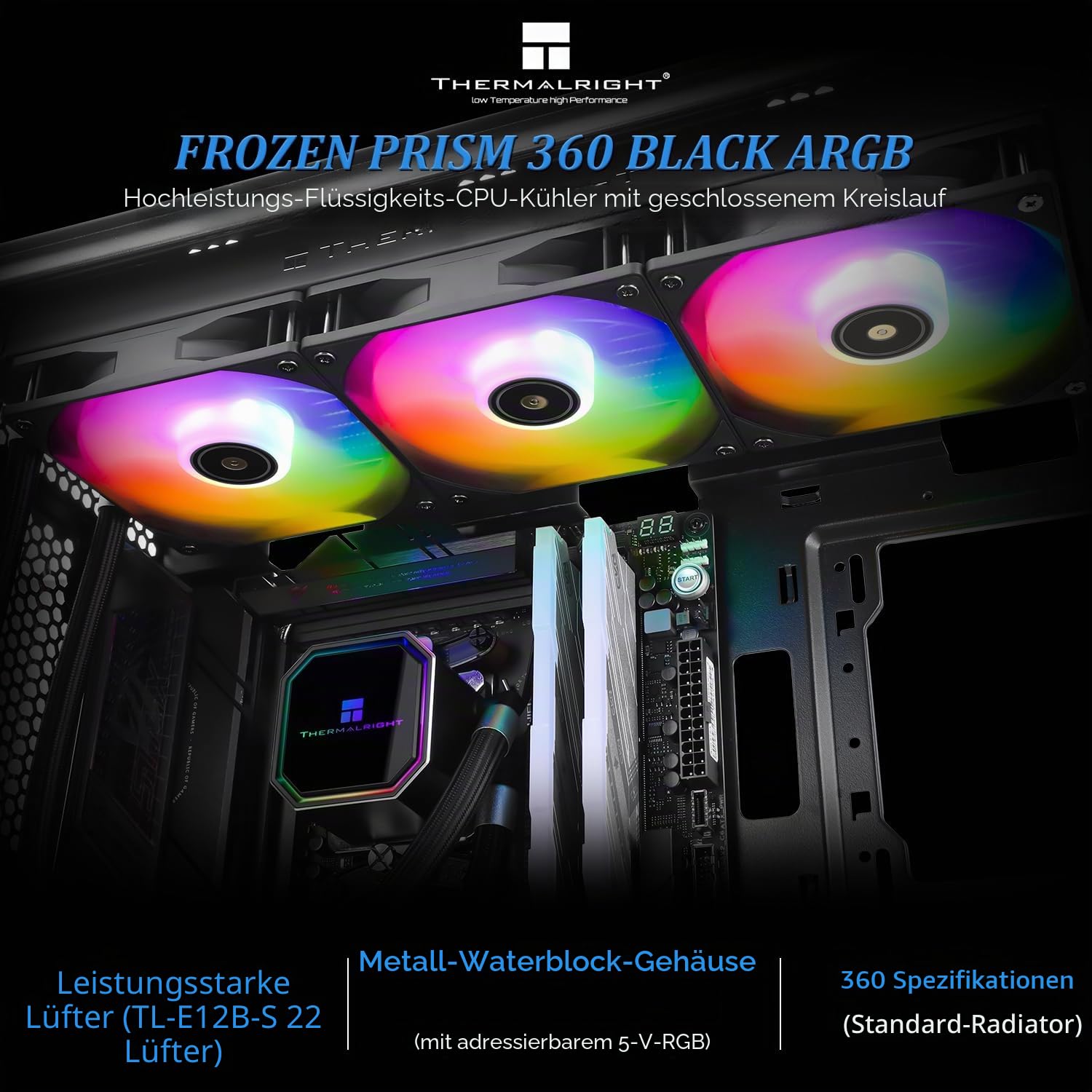 TR Frozen Prism 360 BLACK ARGB CPU-Flüssigkeitskühler mit 120 mm PWM Lüfter, integrierter Kühlkörper für AMD/AM4/AM5, INTEL 1700/1150/1151/1200/2011