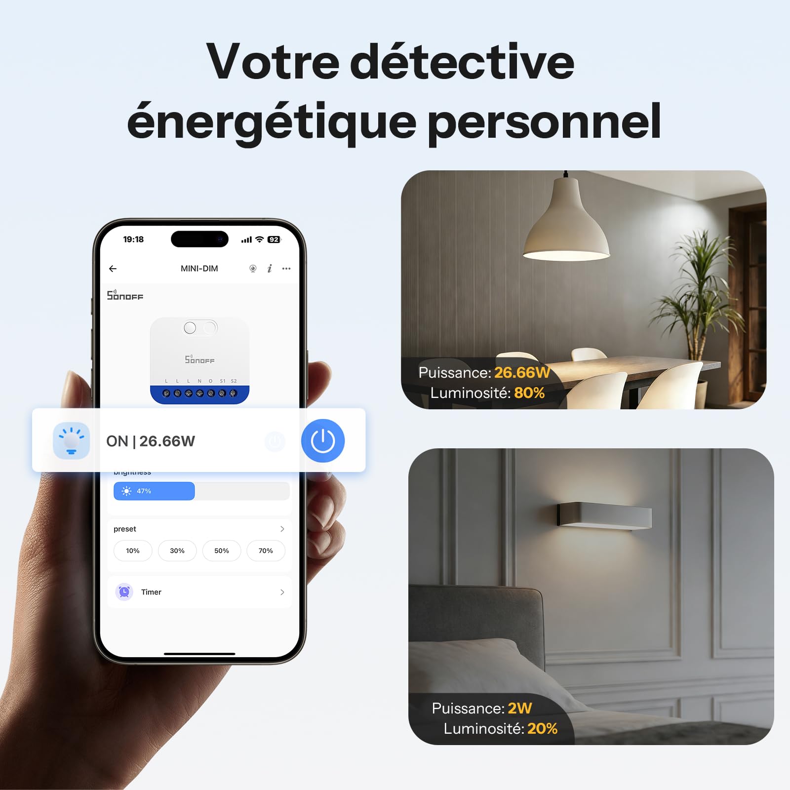 SONOFF Variateur WiFi Mini DIM pour LED à intensité variable, transformateurs électroniques, lampes halogènes à incandescence, conducteur neutre nécessaire, mesure de la puissance, mat compatible avec