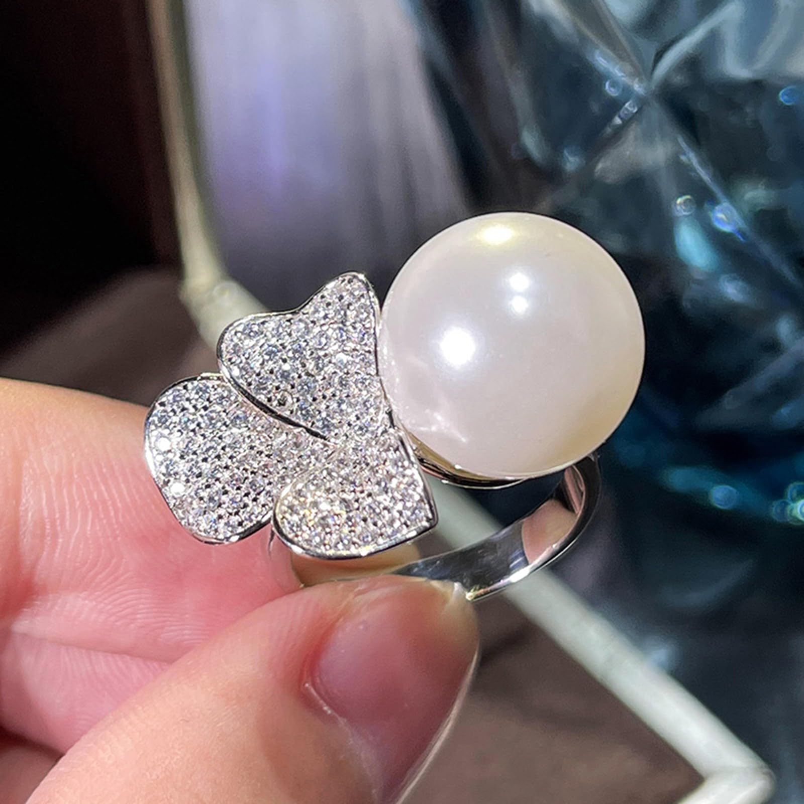 Set di gioielli da sposa in argento Sterling 925 con ciondolo a forma di trifoglio, collana con ciondolo a forma di fiore, orecchini con perle finte, 5 misure di anello (7), 7, metallo, senza pietre