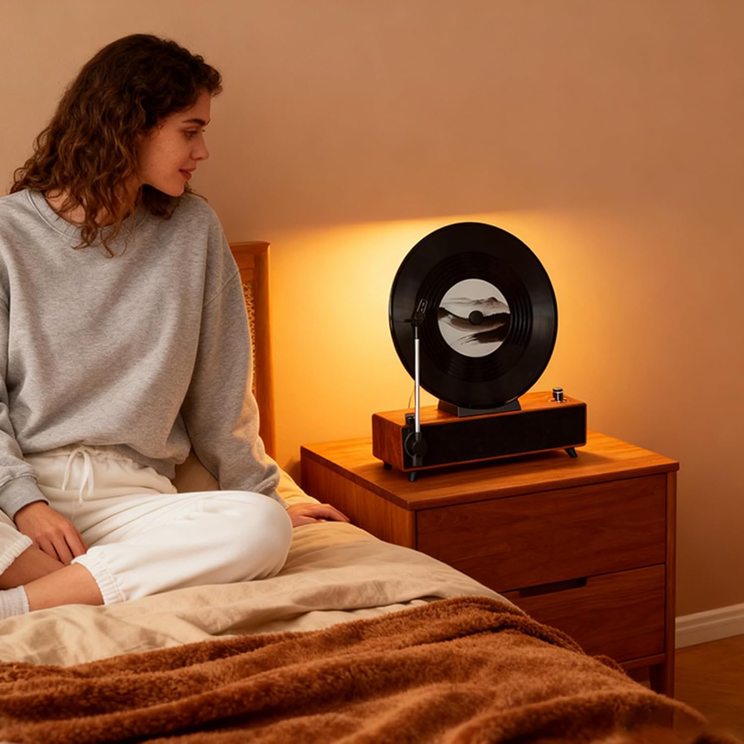 Retro Bluetooth Speaker with Vintage Vertical Record Design, Earthy Aesthetic Home Decor for Kitchen, Bedroom, Apartment, Desk & Shelf (Walnut)