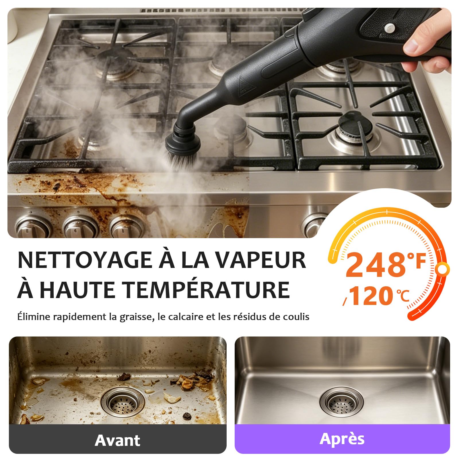 Nettoyeur vapeur portable pour la maison, vapeur à haute température de 120 °C, avec 20 accessoires, idéal pour sols, canapés, fenêtres, meubles et cuisine