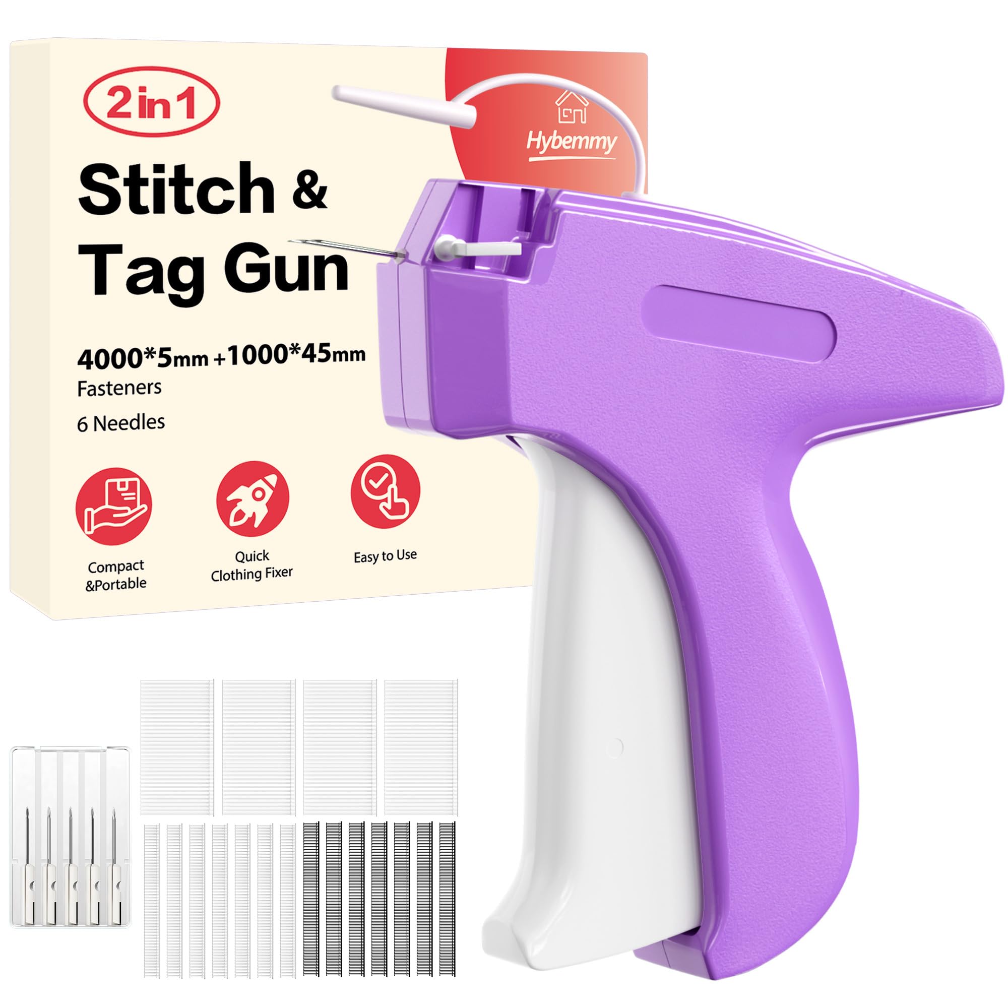 2-in-1 Stitch Gun for Colthes &amp; Tagging Gun for Clothing，Stitchy Quick Clothes Fixer with 5000pcs Fasteners（4000 5mm Black/White Sewing + 1000 45mm Tagging) &amp; 6 Needles（Purple)