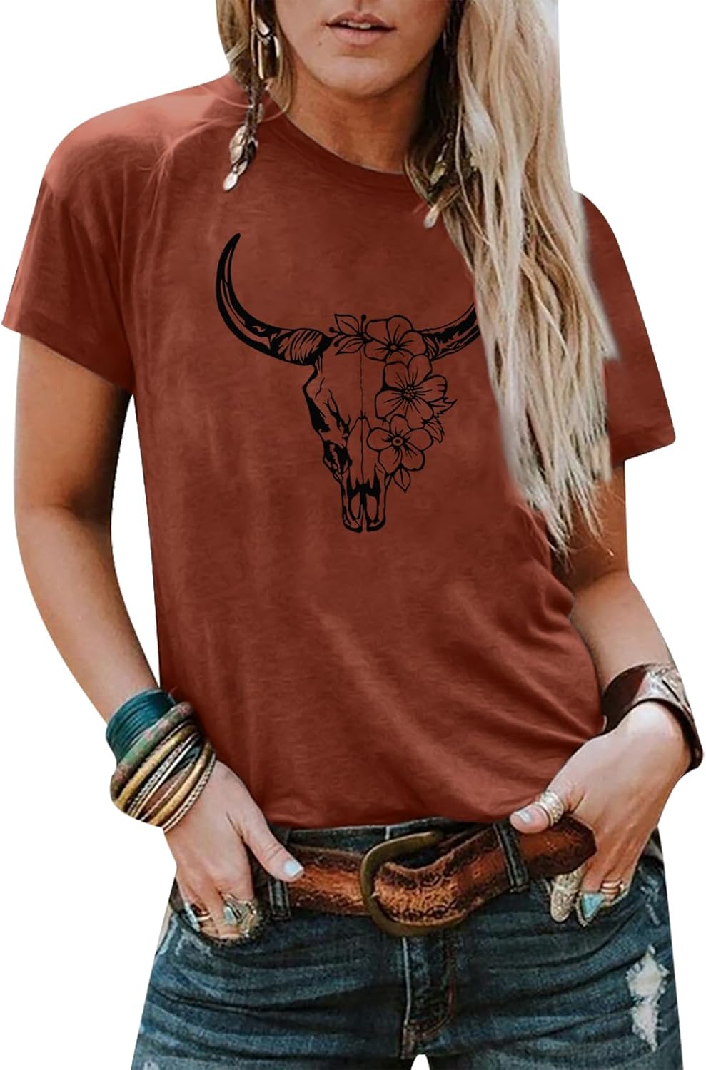 Boho Cow Skull Shirt Women Cowgirl t Shirt Vintage Western Rodeo Graphic Tee Short Sleeve Bull Skull Casual Top