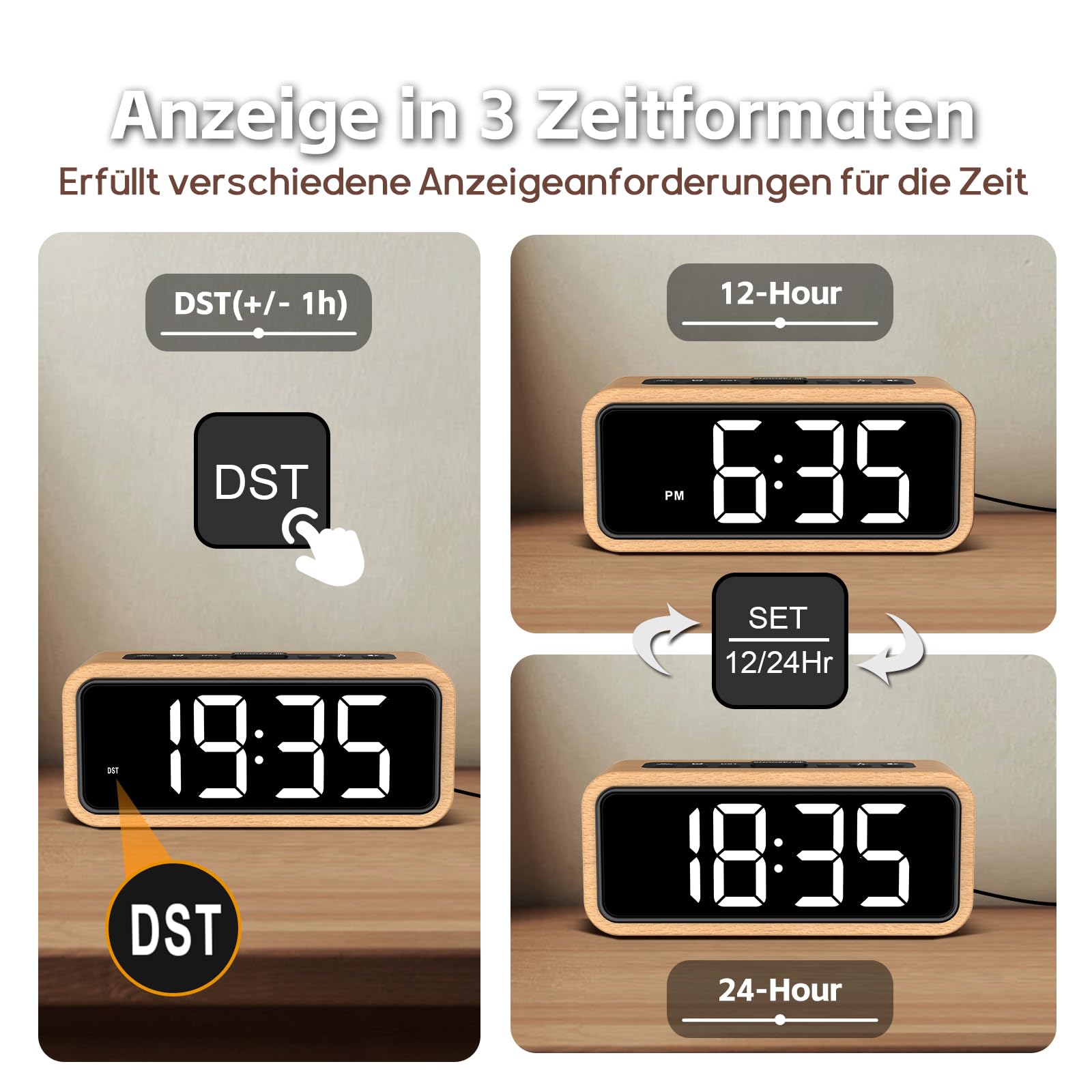 Despertador fuerte para dormir profundo, reloj despertador de madera con pantalla LED, 12 tonos de alarma, 5 niveles de brillo ajustables, 5 volúmenes, DST manual, despertador retro para dormitorio