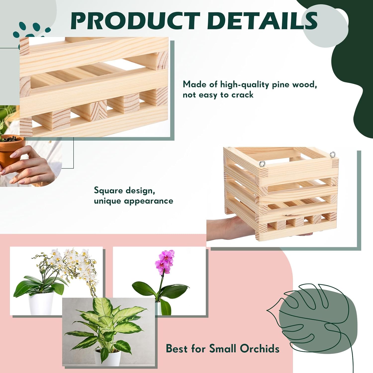 4 Pack Wooden Plant Hanger Set Including 6 Inch Strong Hanging Orchid Wooden Square Baskets and 24 Inch Wire Plant Hangers for Hanging Orchid Gardening Indoor Outdoor(Light Brown)