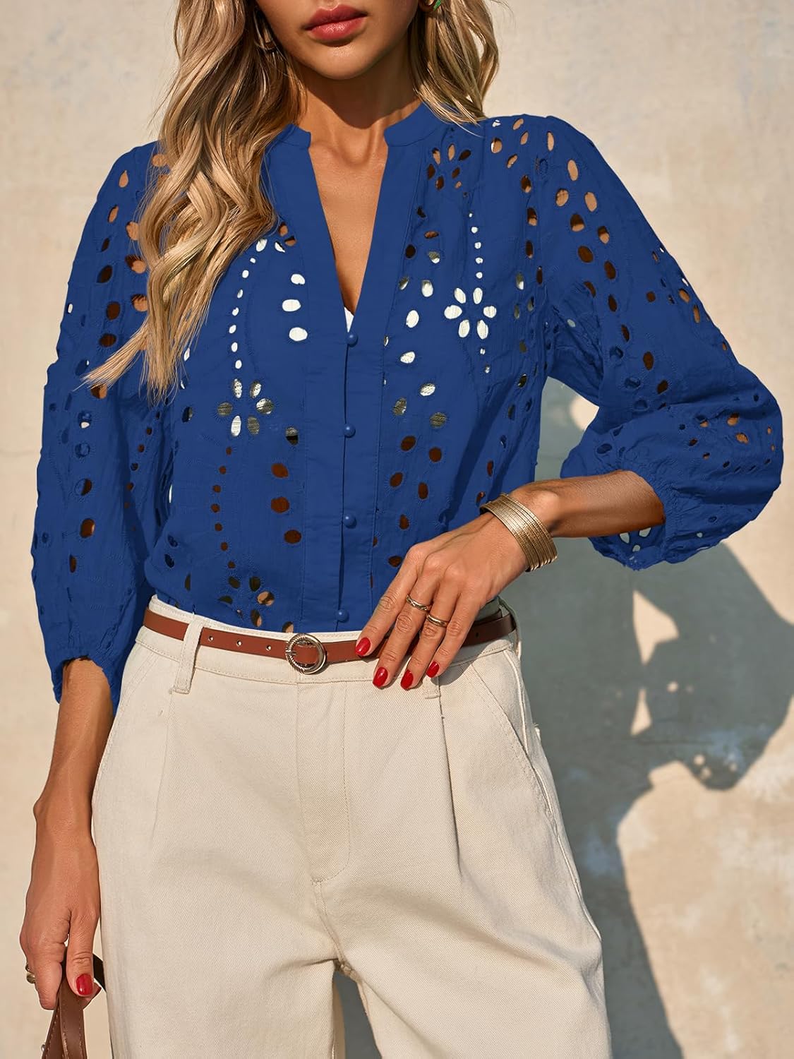 Tankaneo Womens Deep V Neck Eyelet Blouses 3/4 Balloon Sleeve Button Down Hollow Out Fall Shirts
